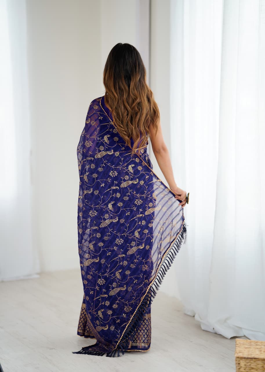 Elegant Navy Blue Color Georgette Party Wear Saree with Foil Print & Fancy Zalar Lace