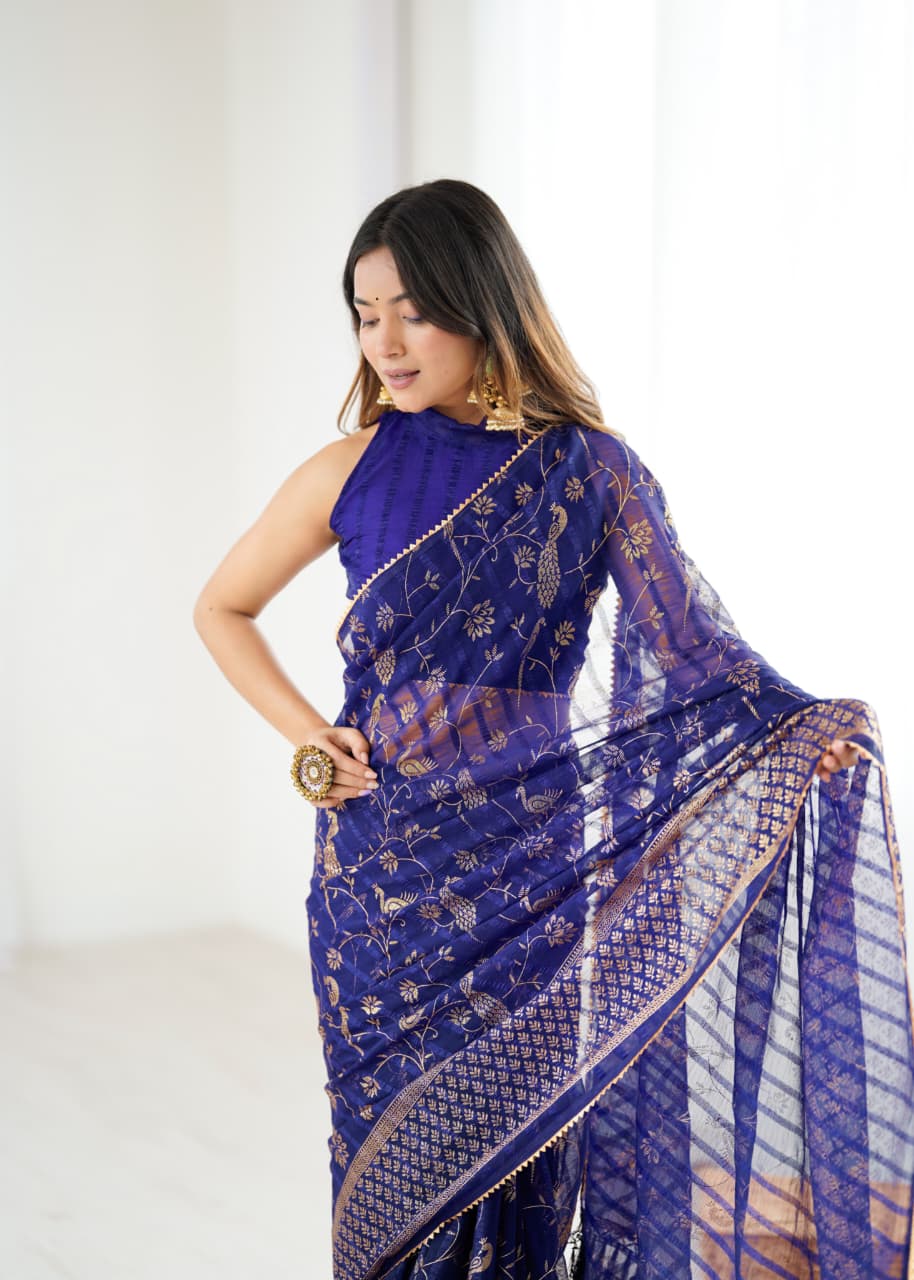 Elegant Navy Blue Color Georgette Party Wear Saree with Foil Print & Fancy Zalar Lace