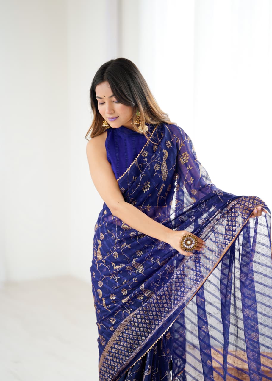Elegant Navy Blue Color Georgette Party Wear Saree with Foil Print & Fancy Zalar Lace
