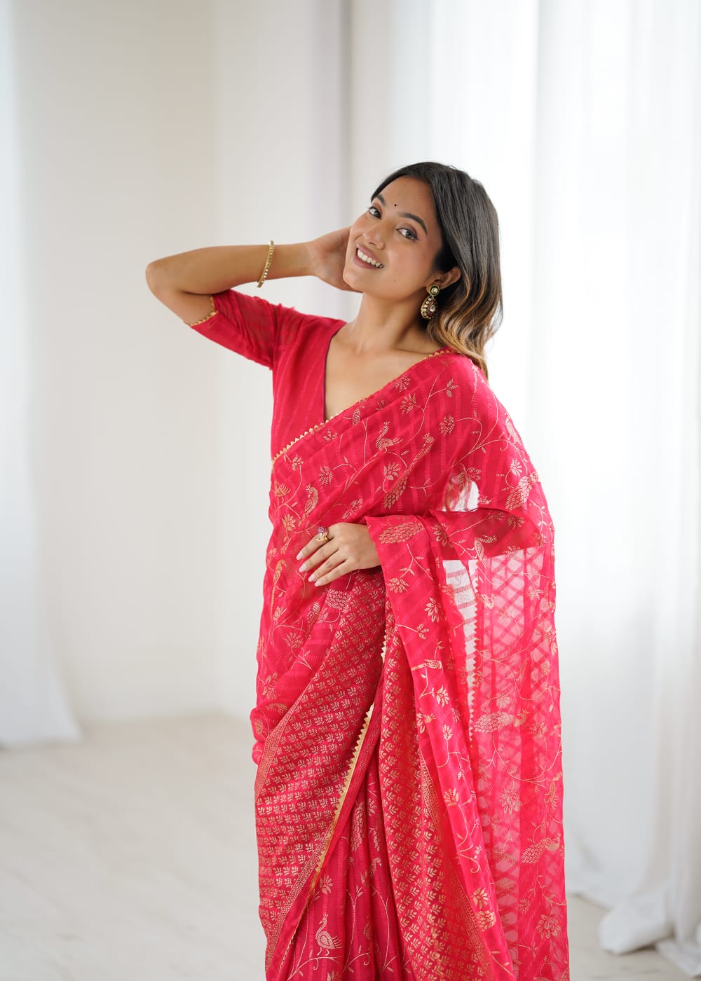 Elegant Pink Color Georgette Party Wear Saree with Foil Print & Fancy Zalar Lace