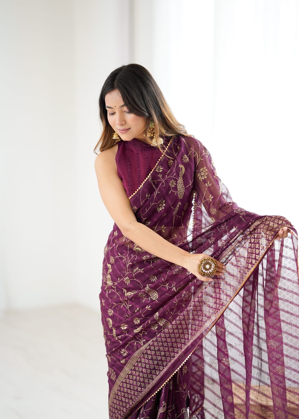 Elegant Purple Color Georgette Party Wear Saree with Foil Print & Fancy Zalar Lace