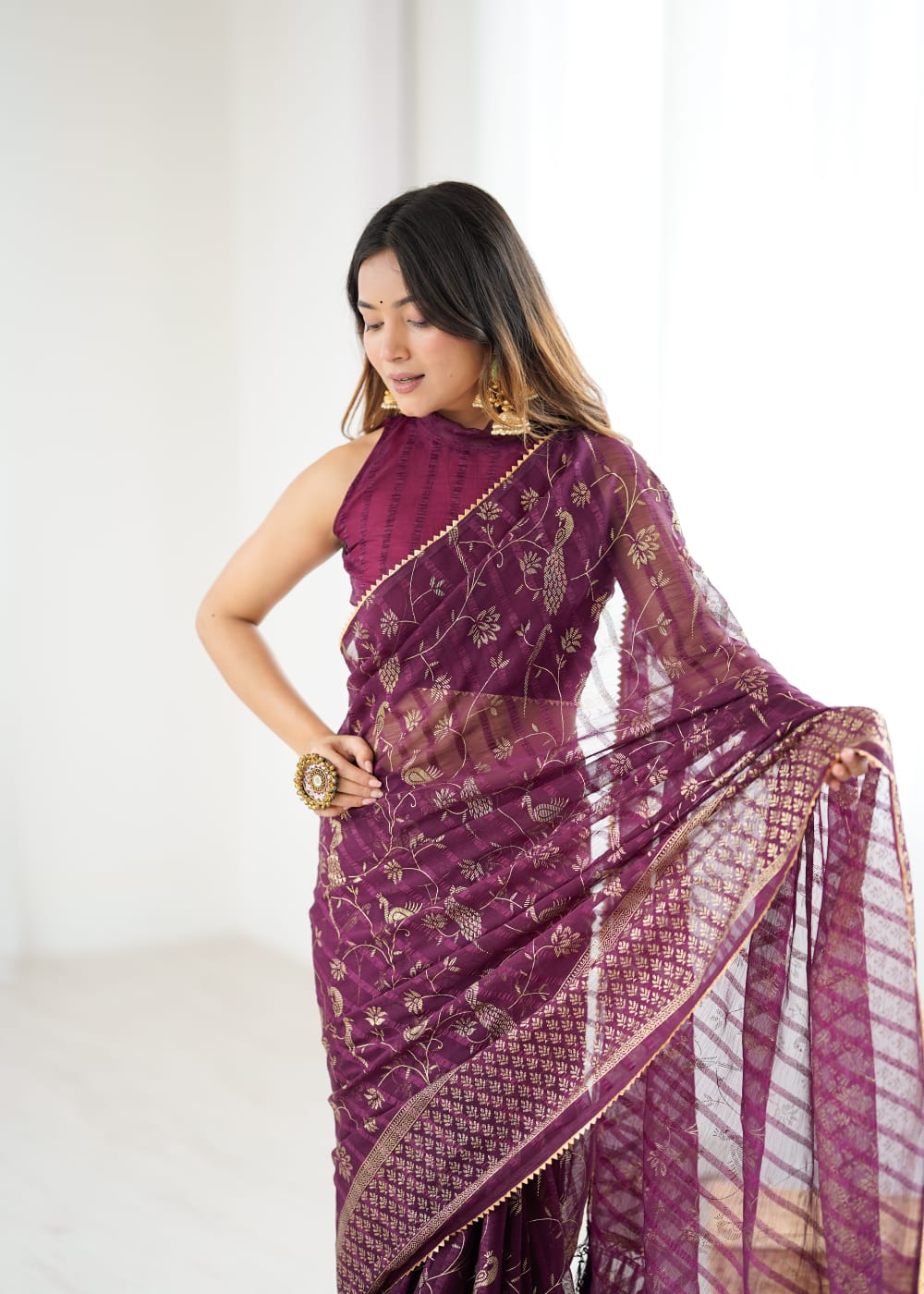 Elegant Purple Color Georgette Party Wear Saree with Foil Print & Fancy Zalar Lace