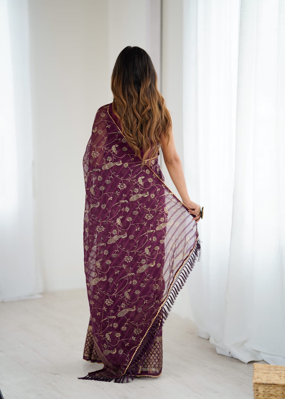 Elegant Purple Color Georgette Party Wear Saree with Foil Print & Fancy Zalar Lace