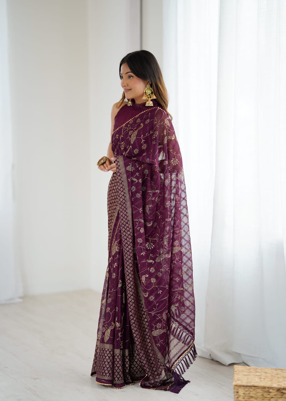 Elegant Purple Color Georgette Party Wear Saree with Foil Print & Fancy Zalar Lace