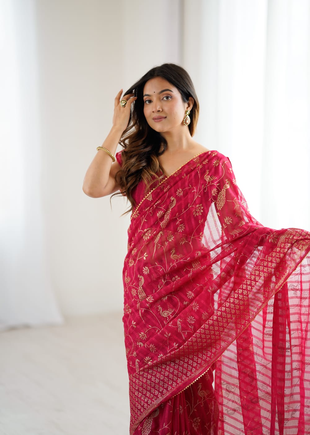 Elegant Red Color Georgette Party Wear Saree with Foil Print & Fancy Zalar Lace