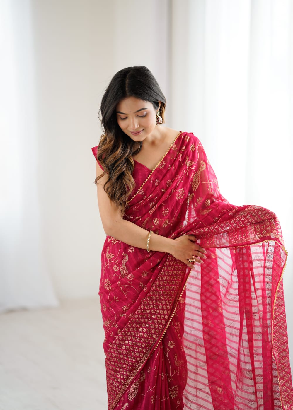 Elegant Red Color Georgette Party Wear Saree with Foil Print & Fancy Zalar Lace