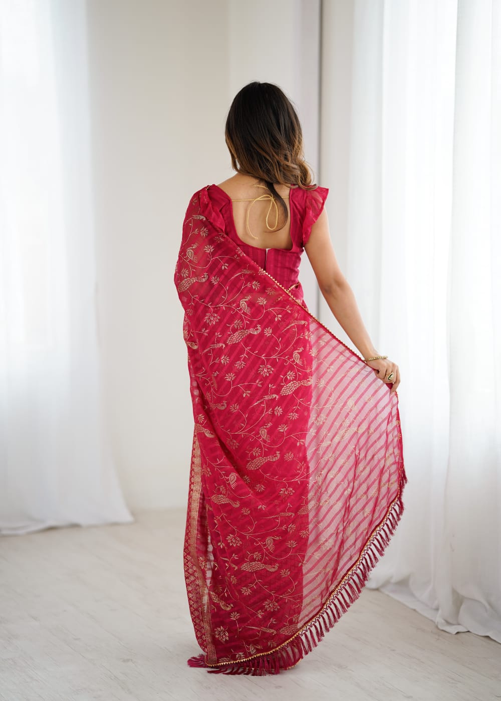 Elegant Red Color Georgette Party Wear Saree with Foil Print & Fancy Zalar Lace