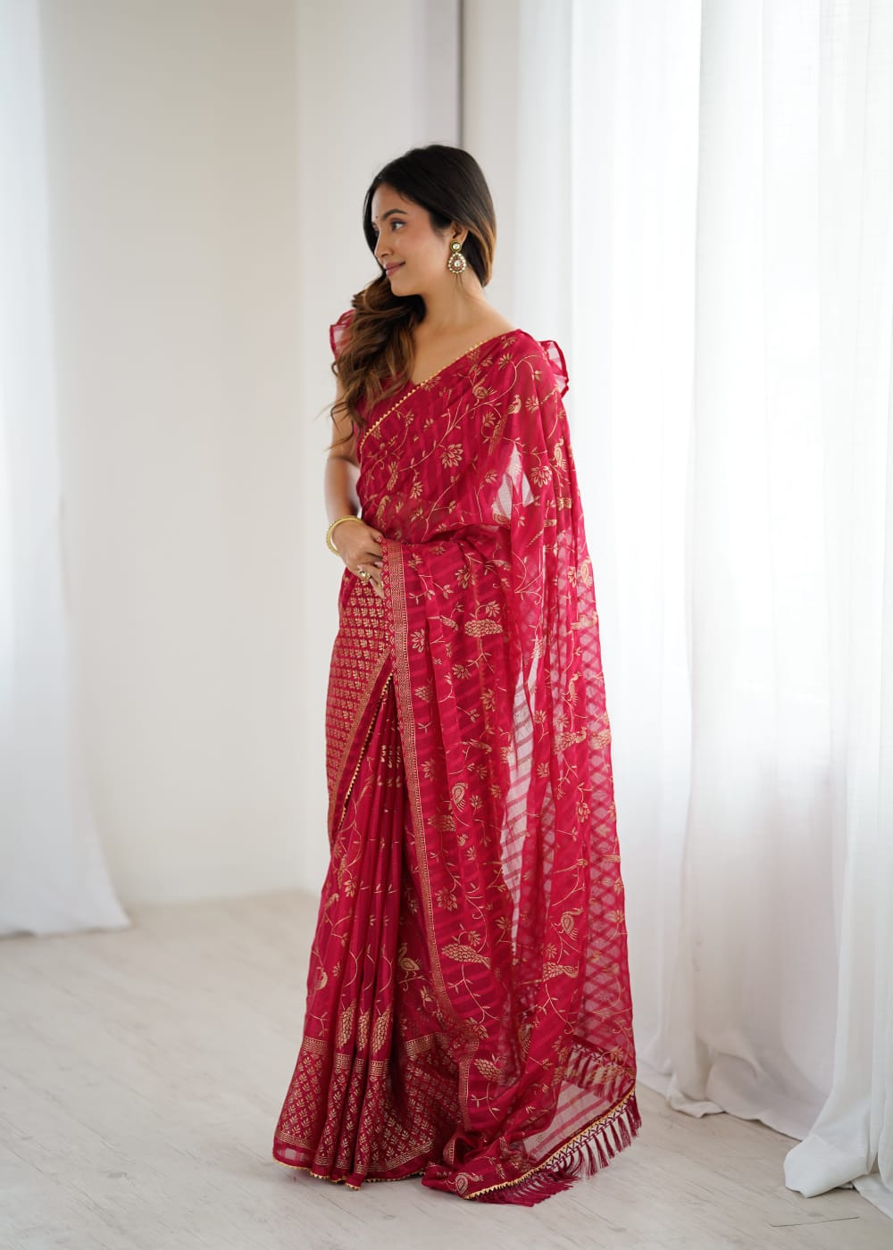 Elegant Red Color Georgette Party Wear Saree with Foil Print & Fancy Zalar Lace