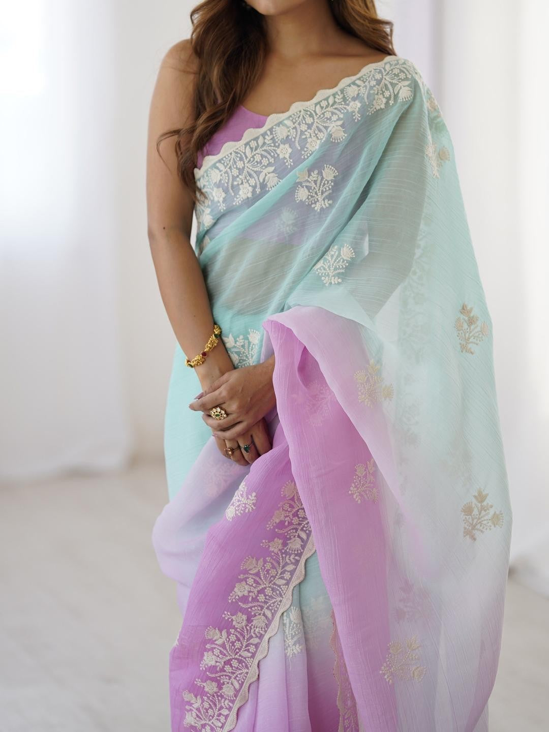 Aqua Green And Lavander Candy Crush Party Wear Saree