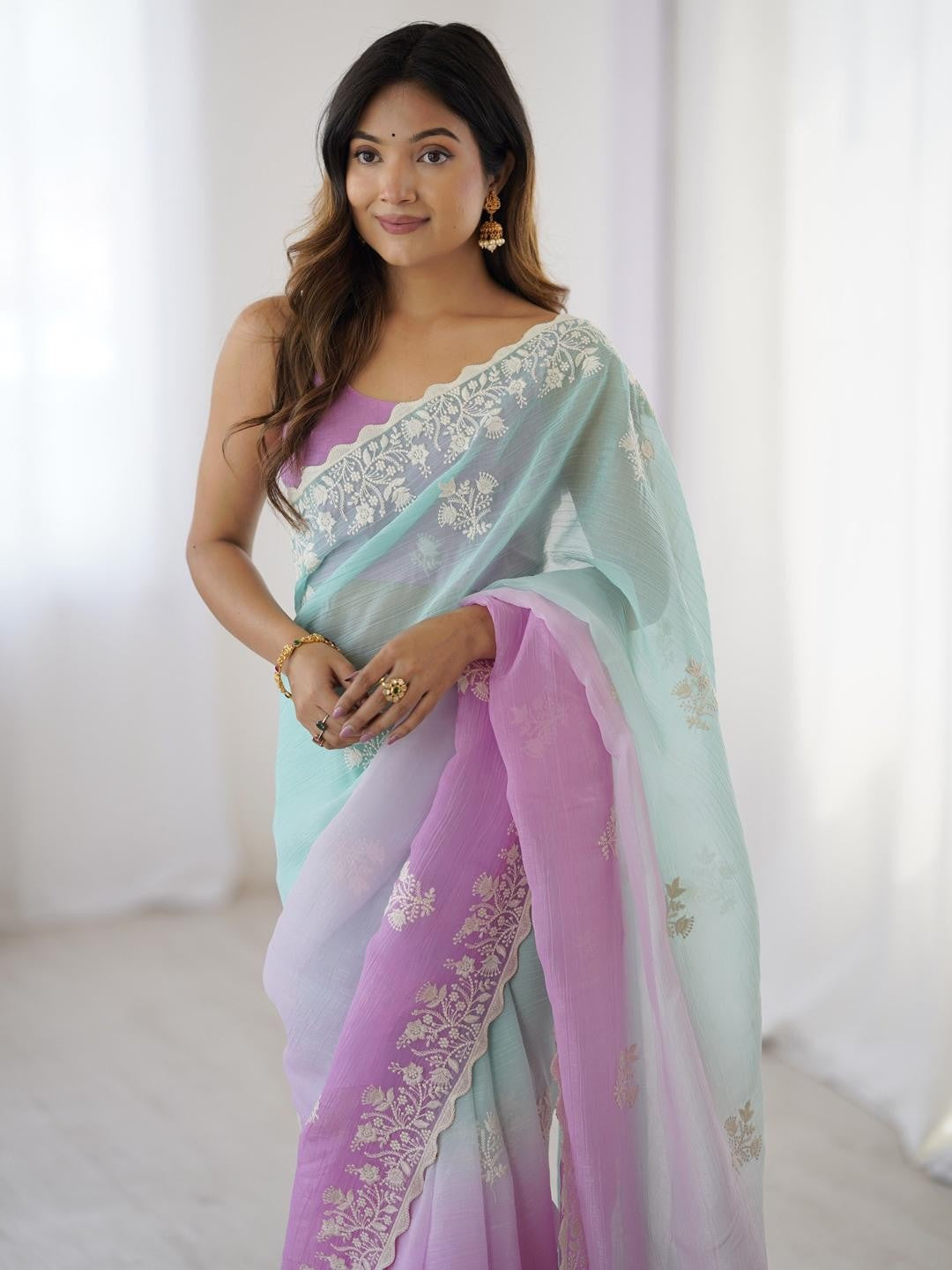 Aqua Green And Lavander Candy Crush Party Wear Saree