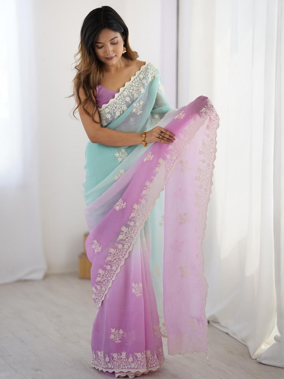 Aqua Green And Lavander Candy Crush Party Wear Saree