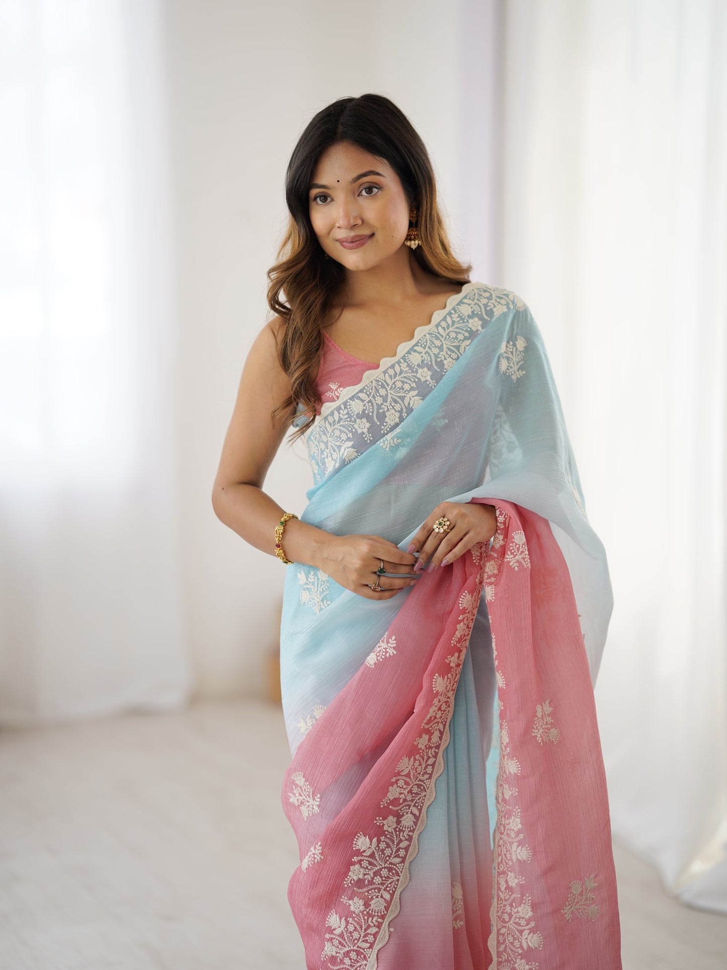 Light Blue and Pink Candy Crush Party Wear Saree