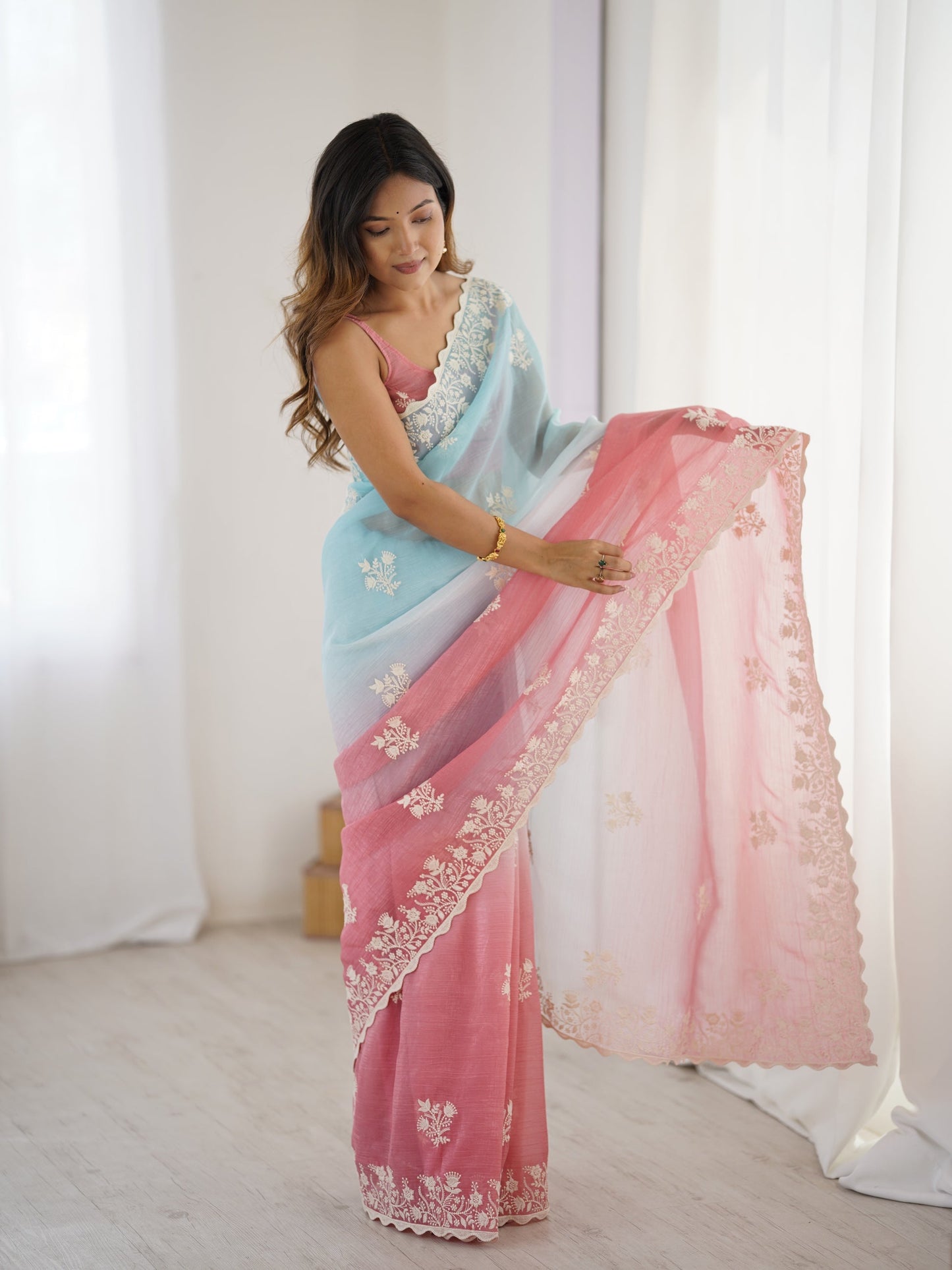 Light Blue and Pink Candy Crush Party Wear Saree