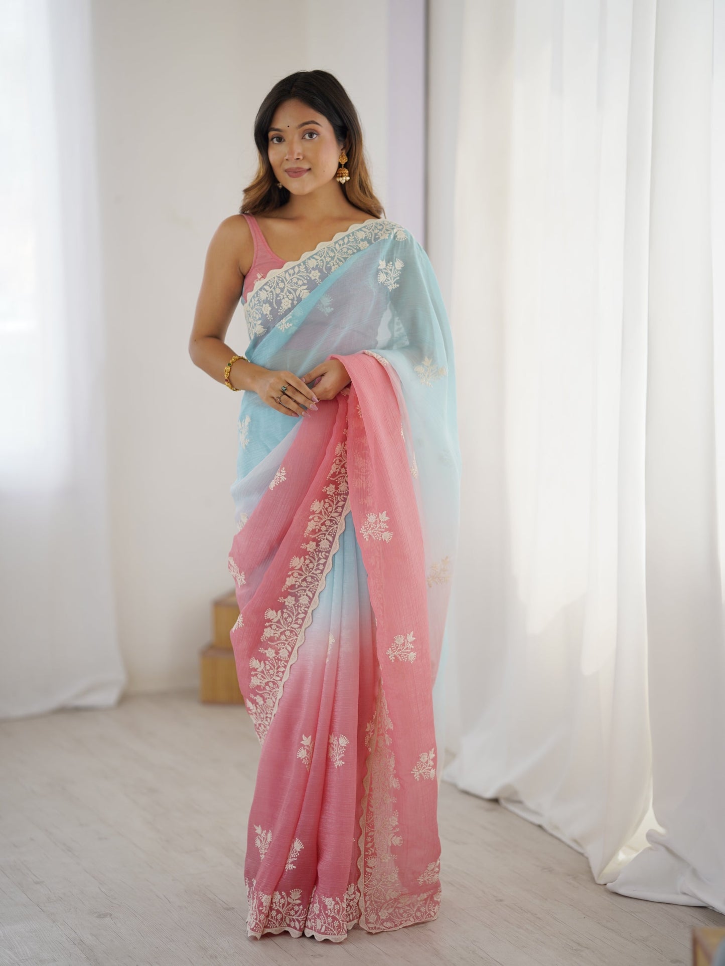 Light Blue and Pink Candy Crush Party Wear Saree