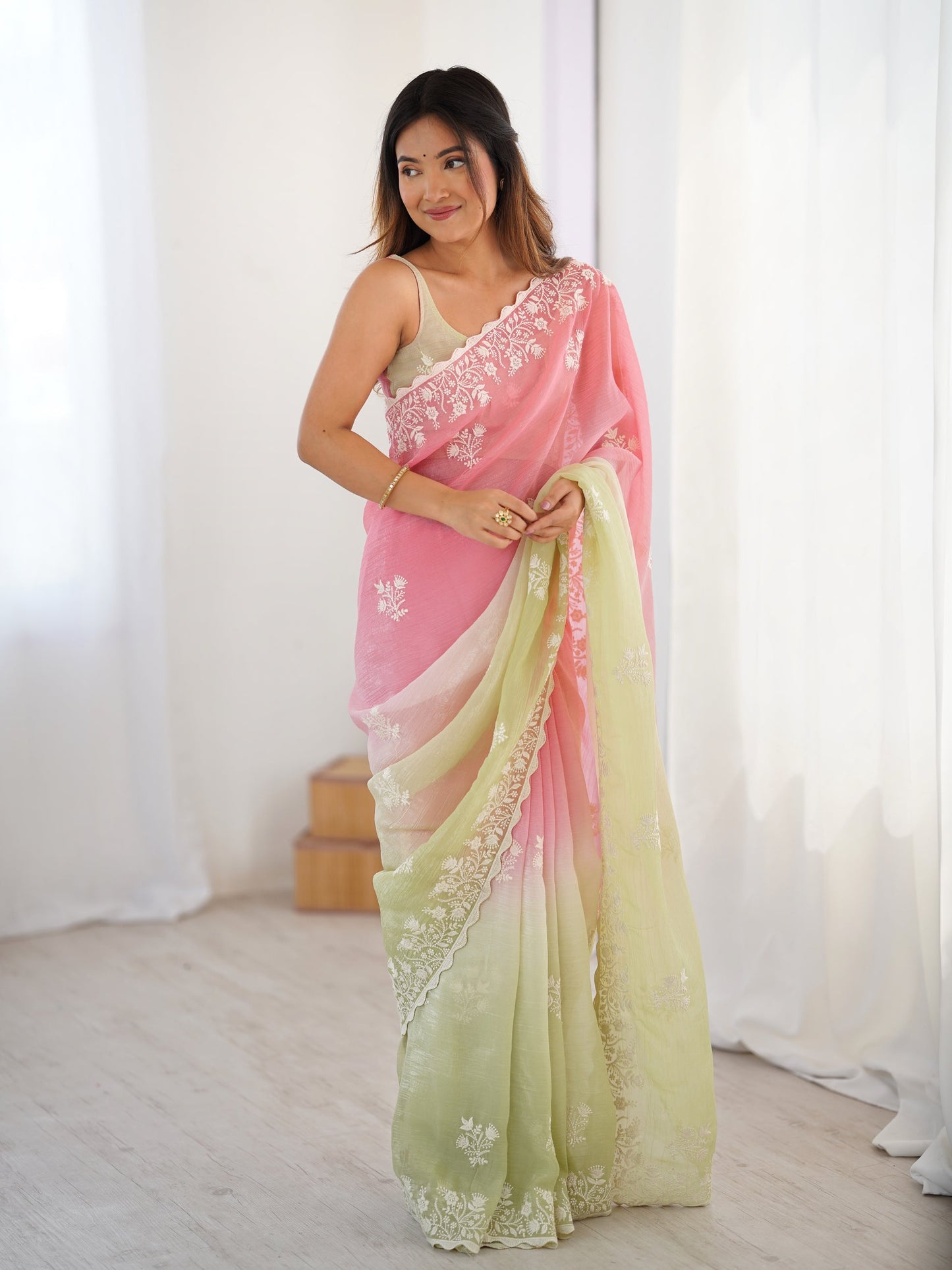 Pink And Light Green Candy Crush Party Wear Saree