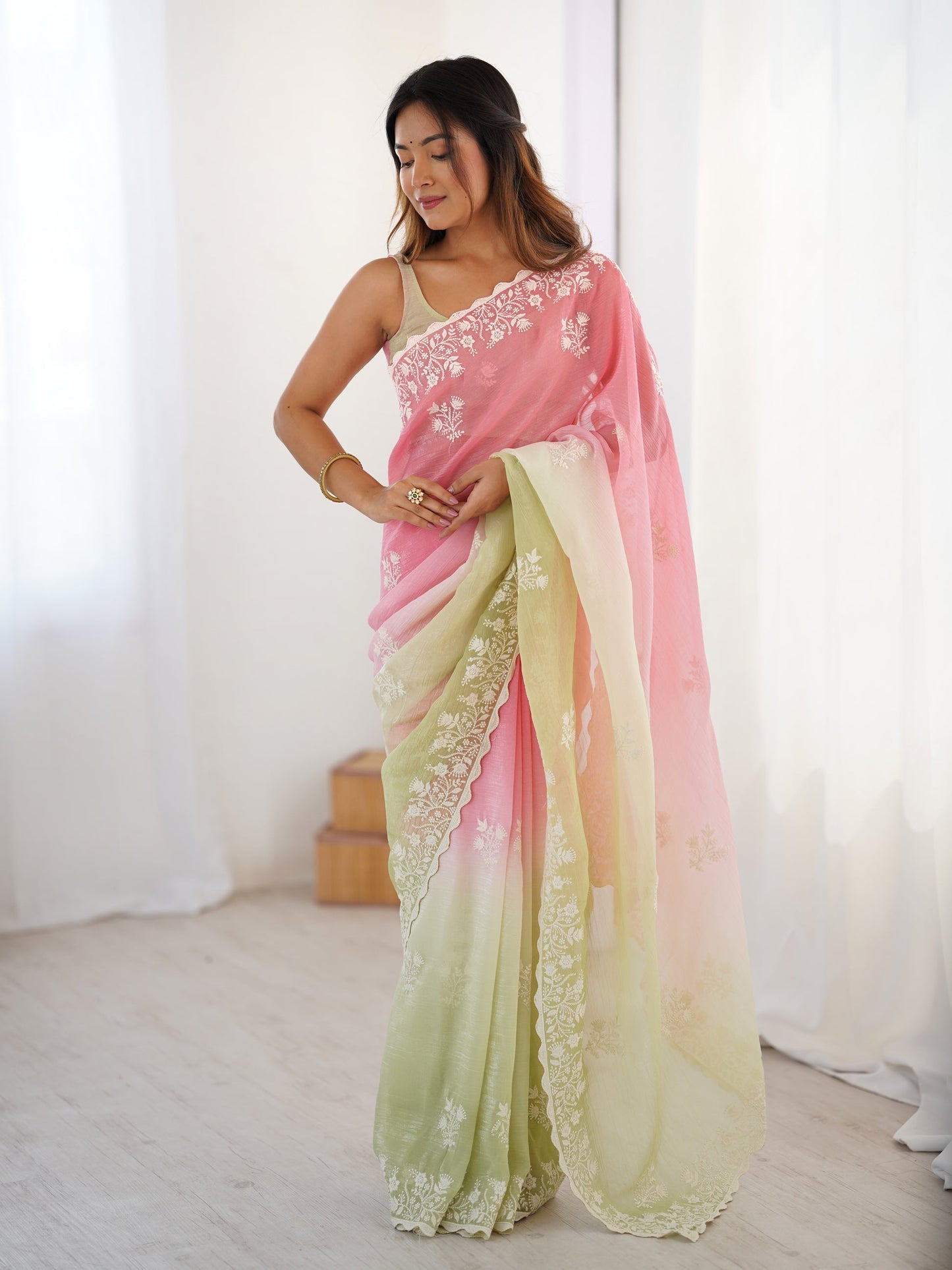 Pink And Light Green Candy Crush Party Wear Saree