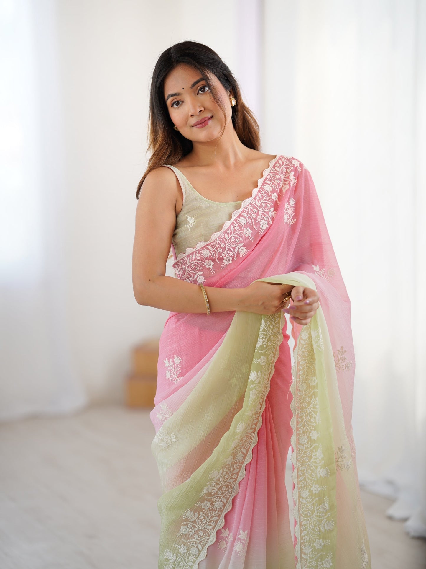 Pink And Light Green Candy Crush Party Wear Saree