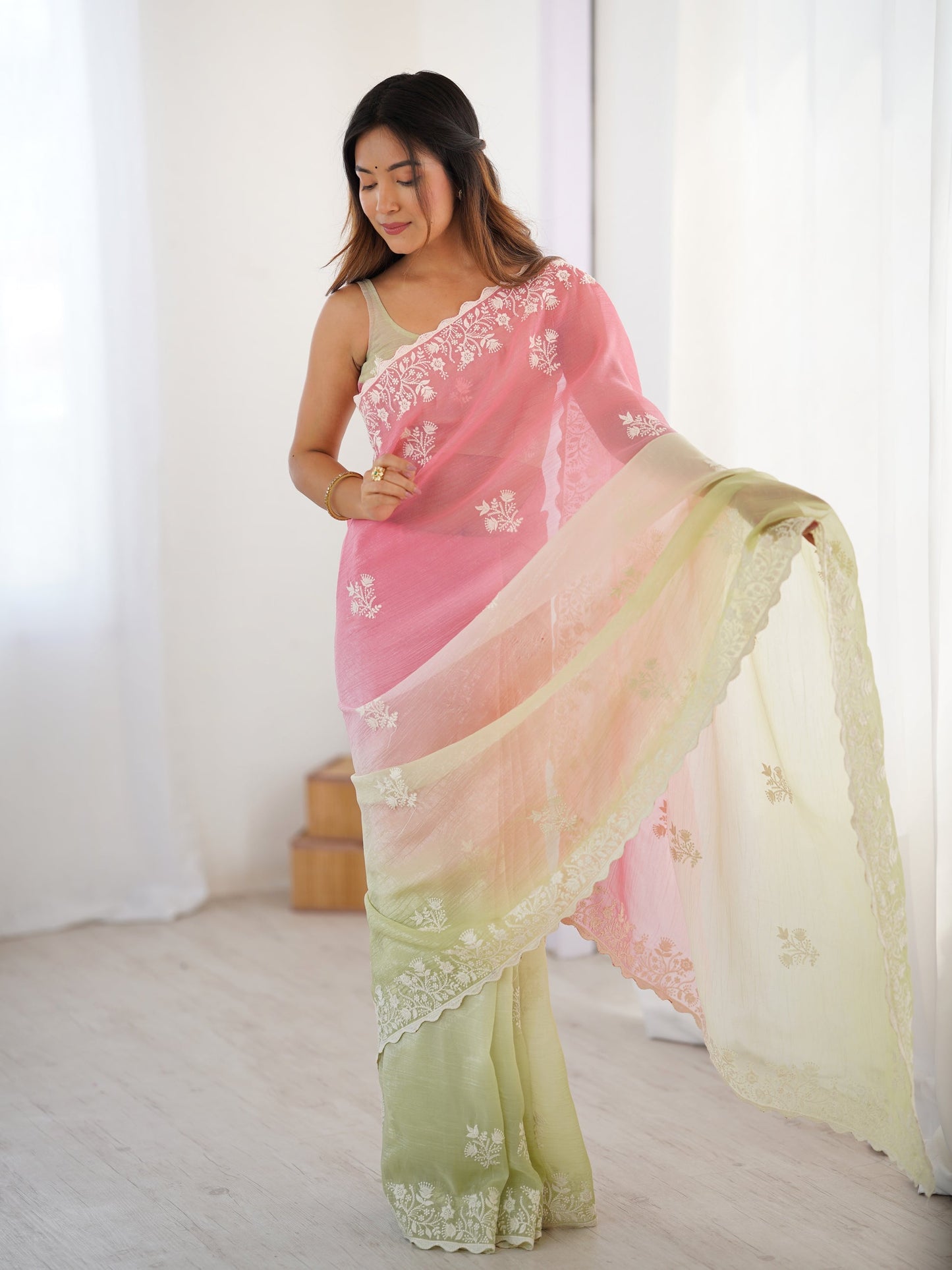 Pink And Light Green Candy Crush Party Wear Saree