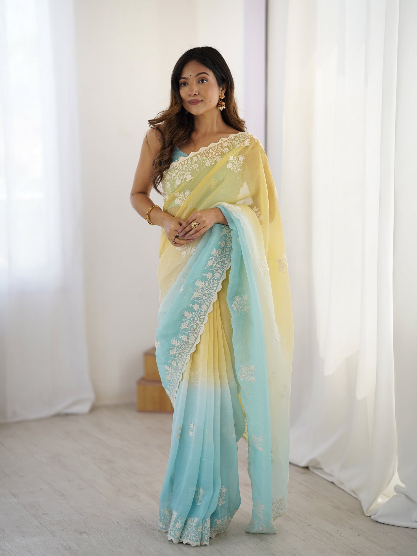 Yellow And Sky blue Candy Crush Party Wear Saree