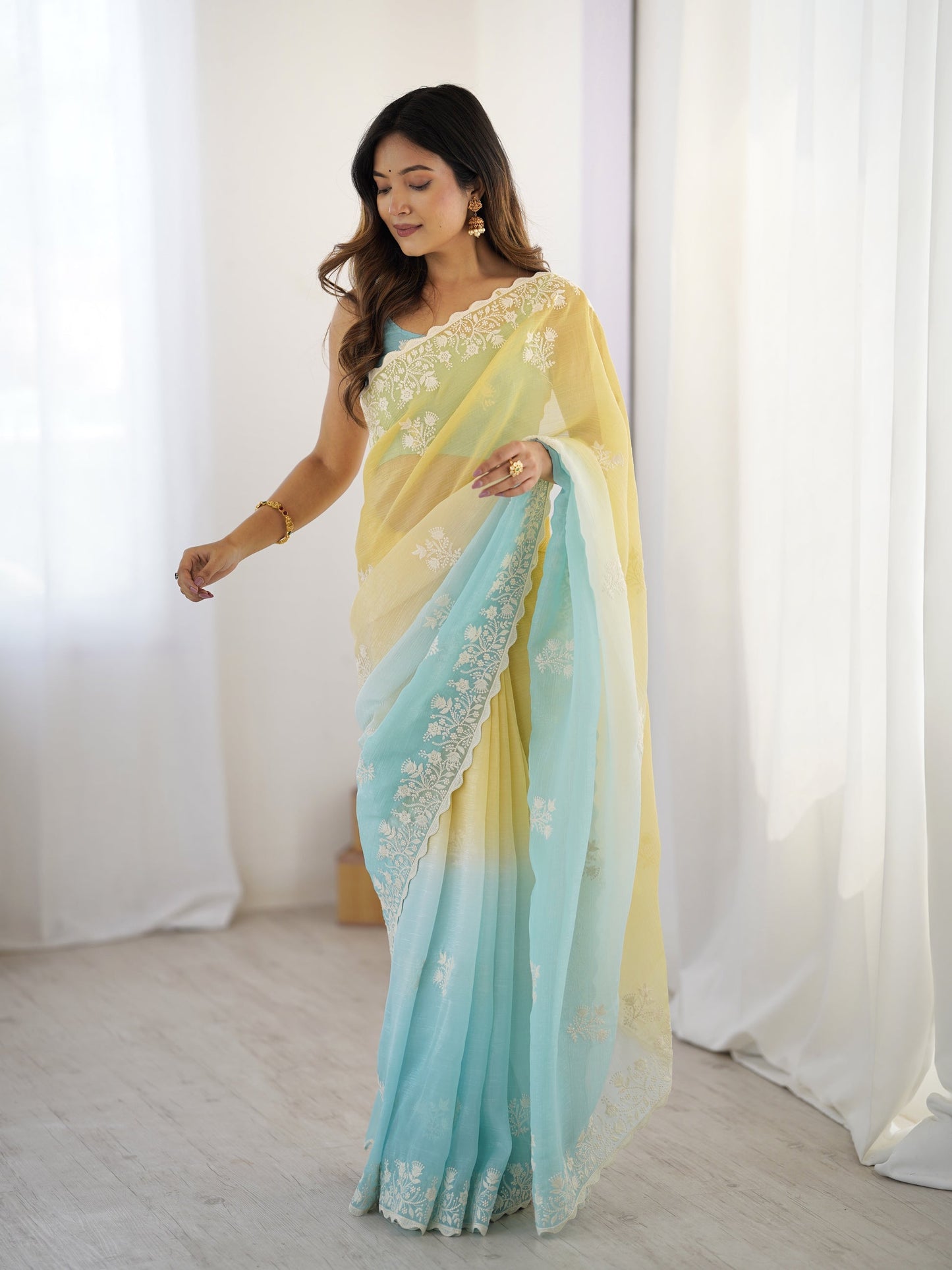 Yellow And Sky blue Candy Crush Party Wear Saree