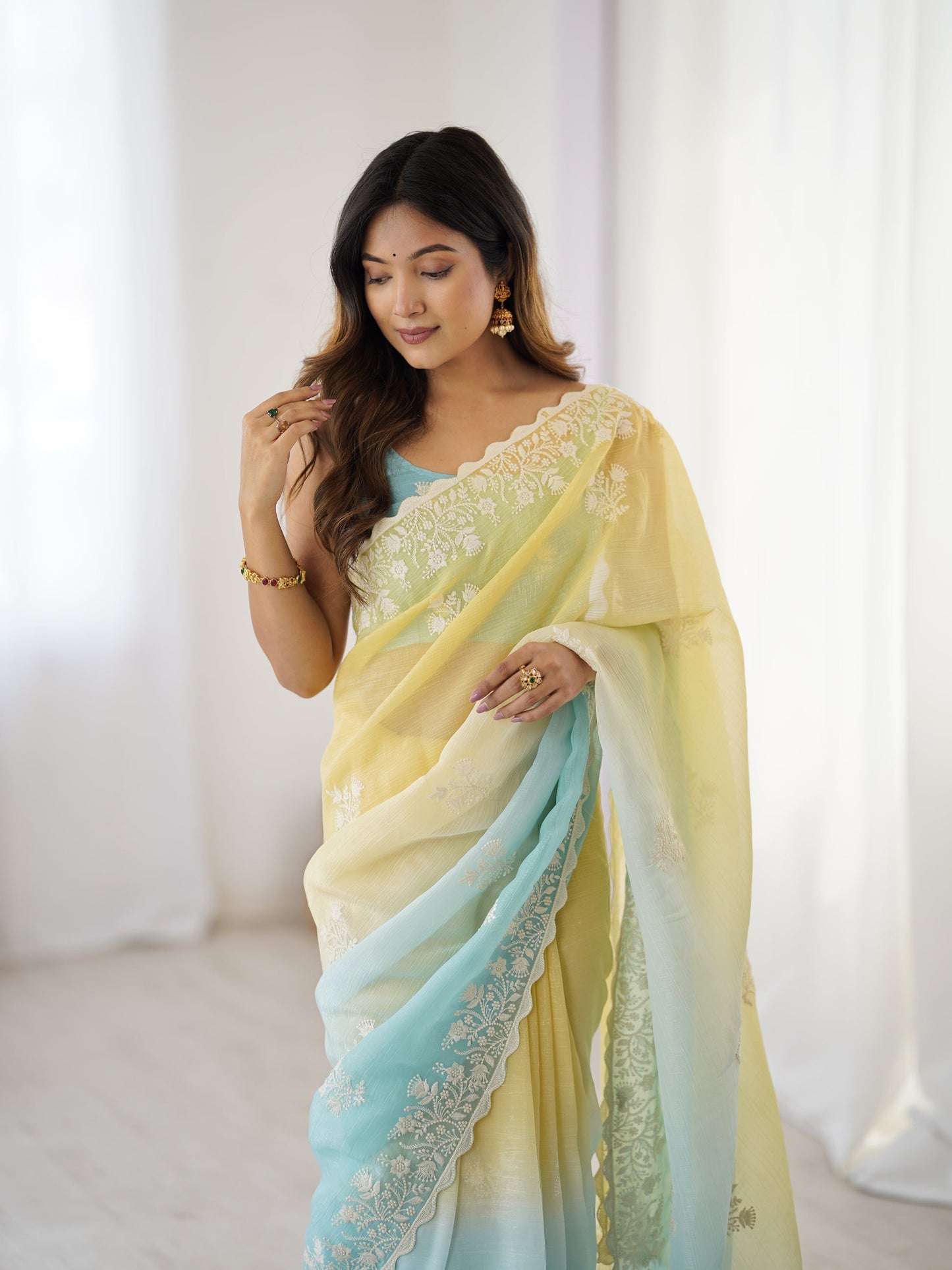 Yellow And Sky blue Candy Crush Party Wear Saree