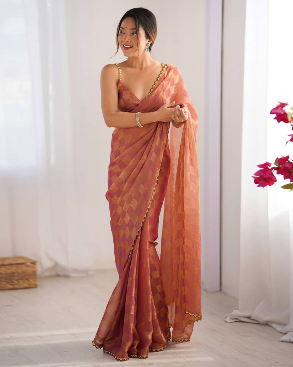Peach Chiffon Party Wear Saree with Elegant Fancy Lace Border