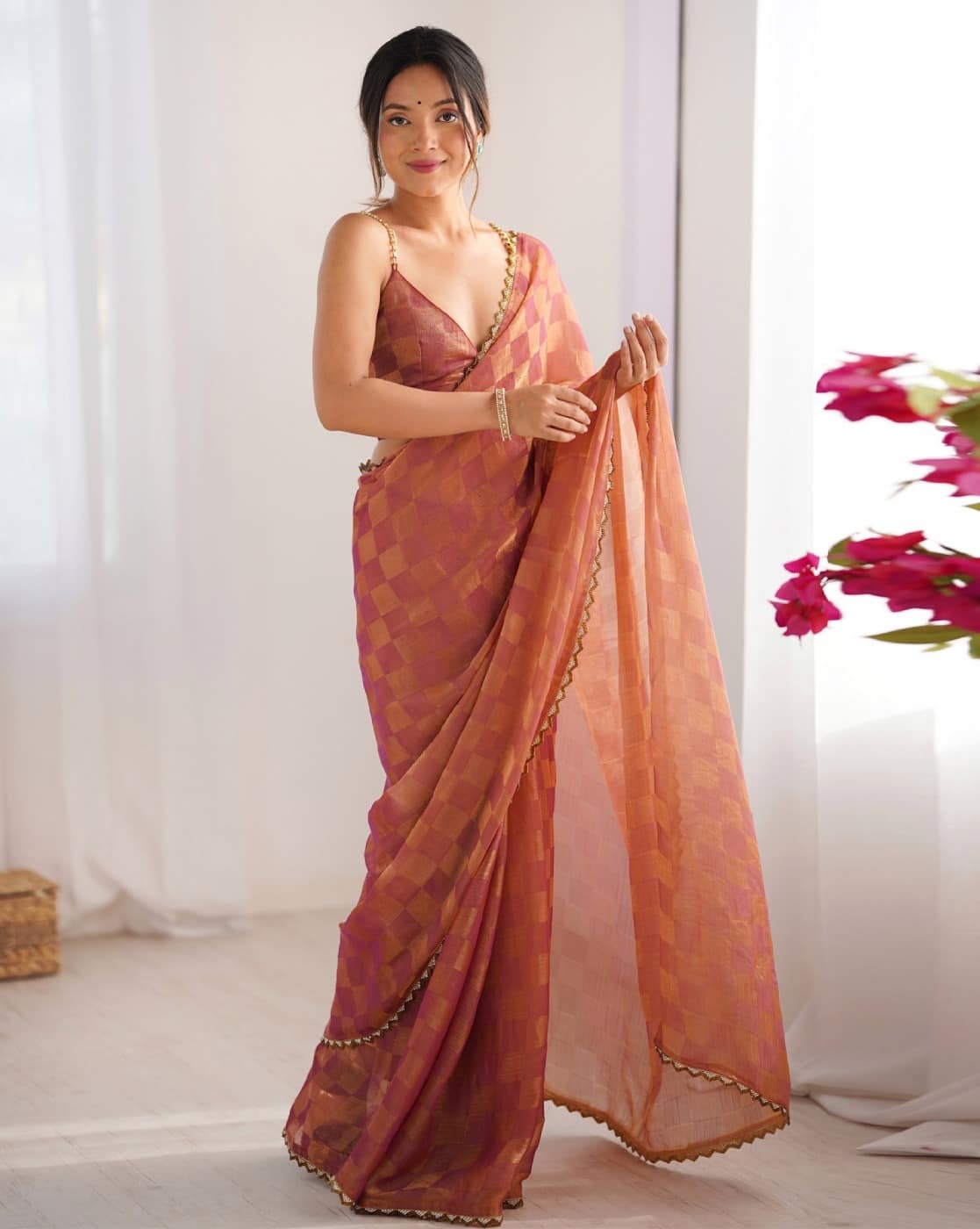 Peach Chiffon Party Wear Saree with Elegant Fancy Lace Border