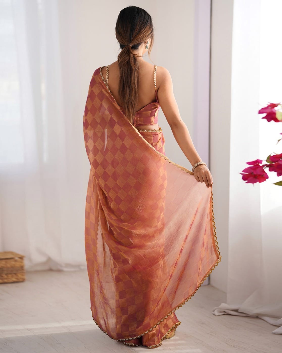 Peach Chiffon Party Wear Saree with Elegant Fancy Lace Border