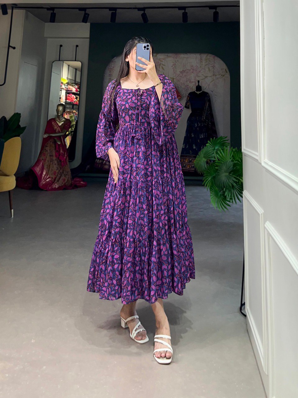 Awesome Navy Blue Digital Floral Printed Georgette Festival Wear Dresses