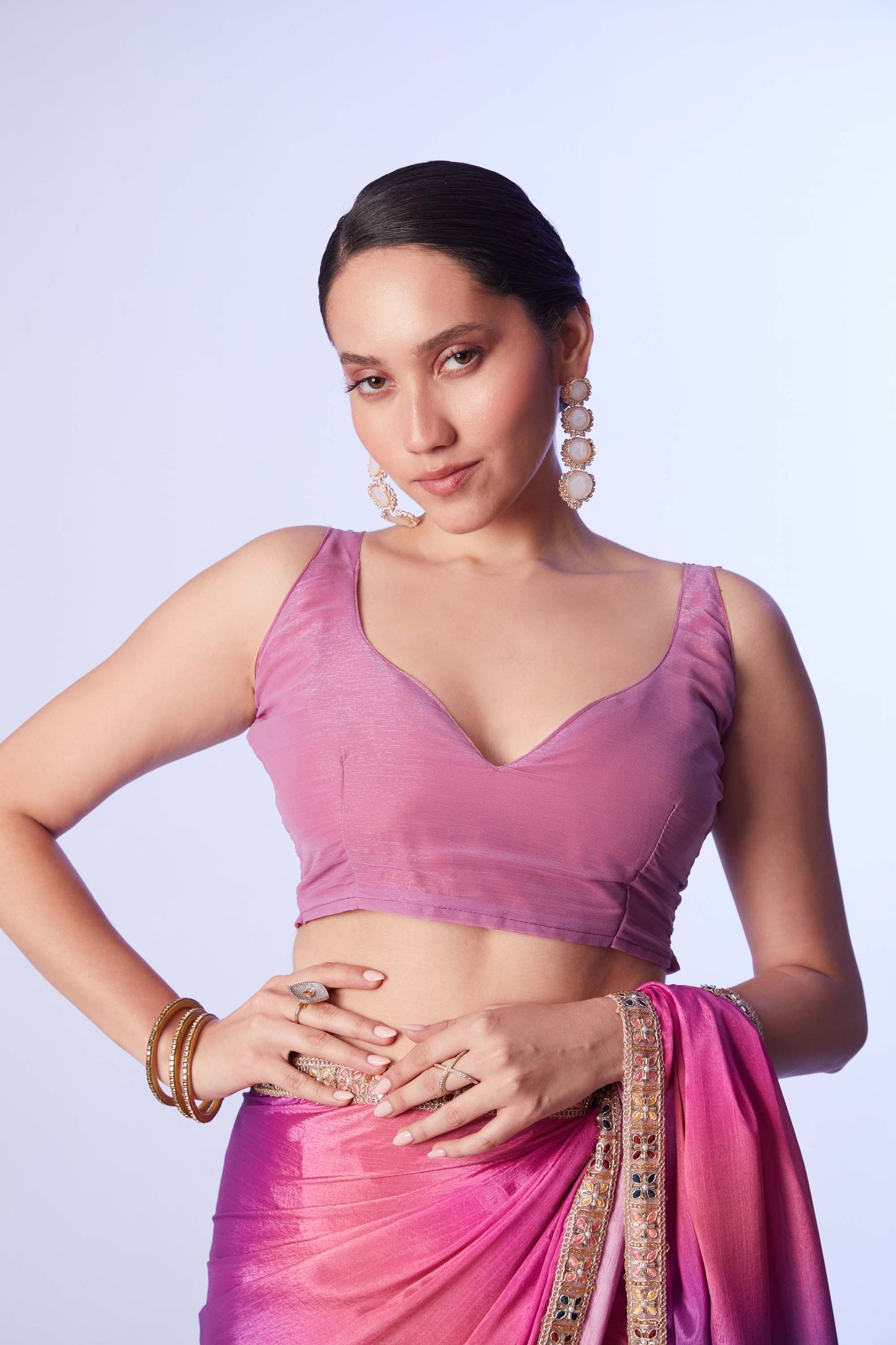 Chinon fabric digital printed saree with designer lace and unstitched blouse