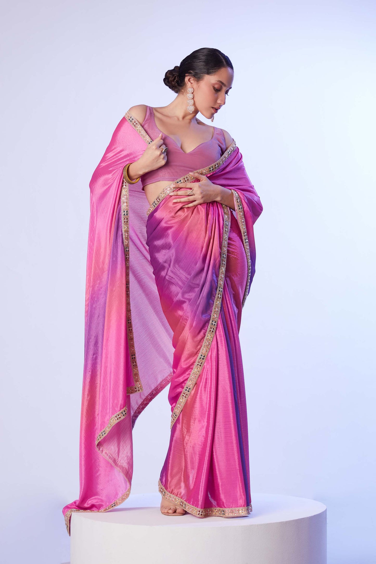Chinon fabric digital printed saree with designer lace and unstitched blouse