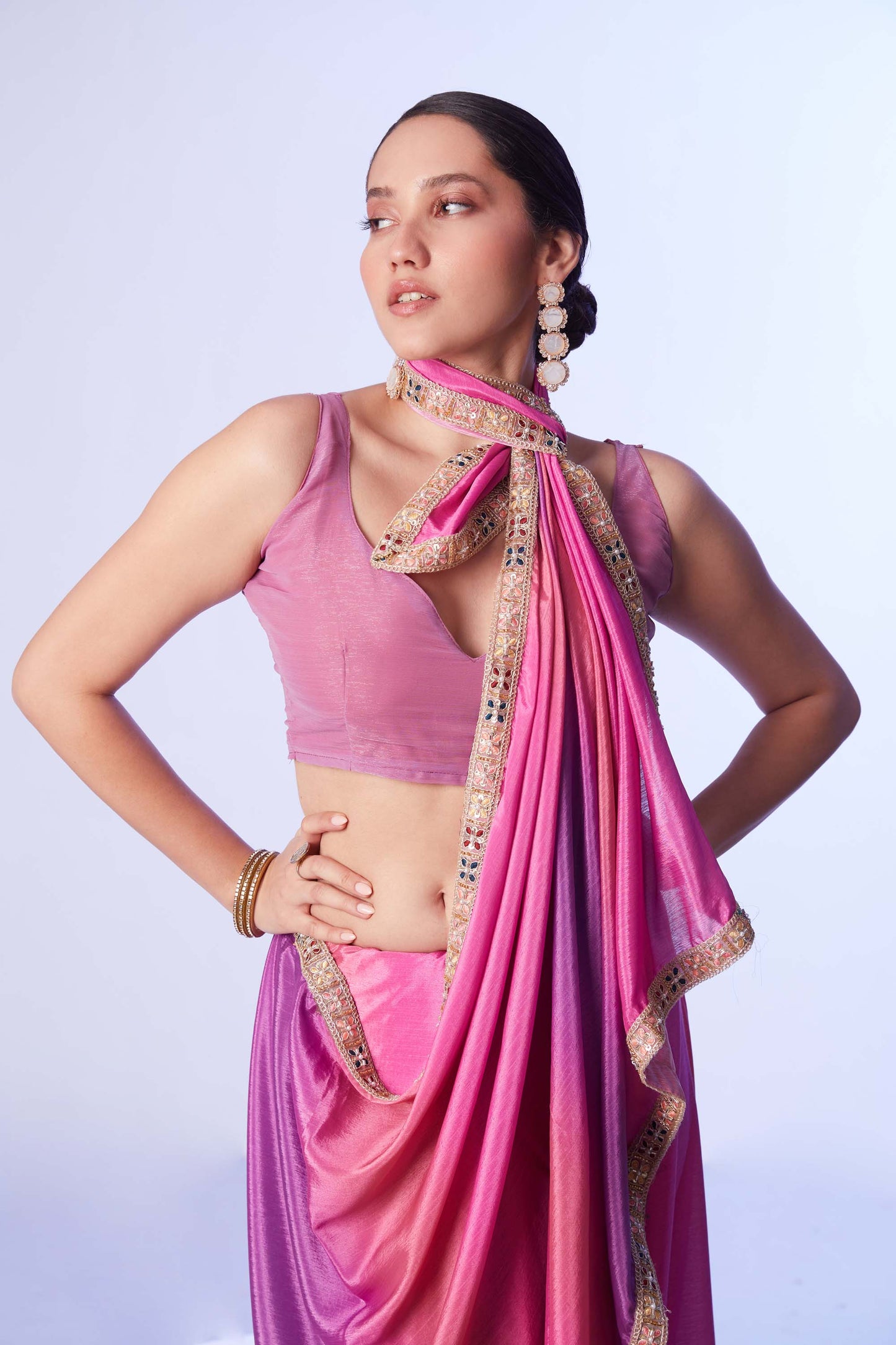 Chinon fabric digital printed saree with designer lace and unstitched blouse