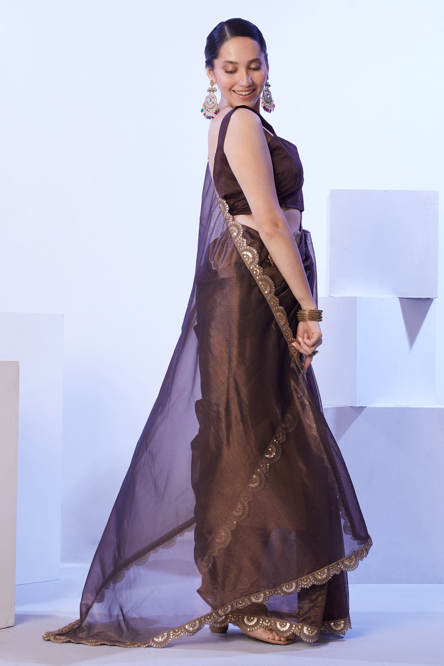 Brown Color Heavy Super Net Party Wear Saree with Designer Lace