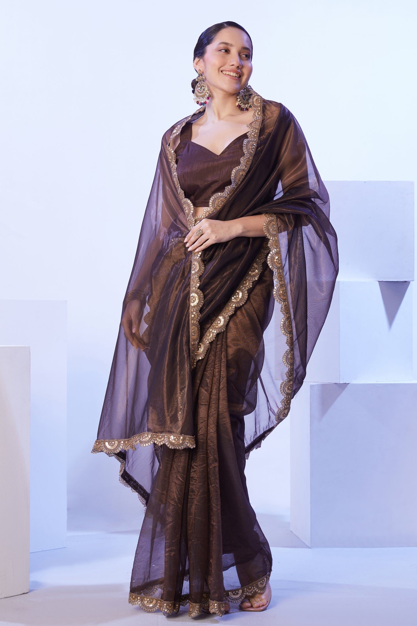 Brown Color Heavy Super Net Party Wear Saree with Designer Lace