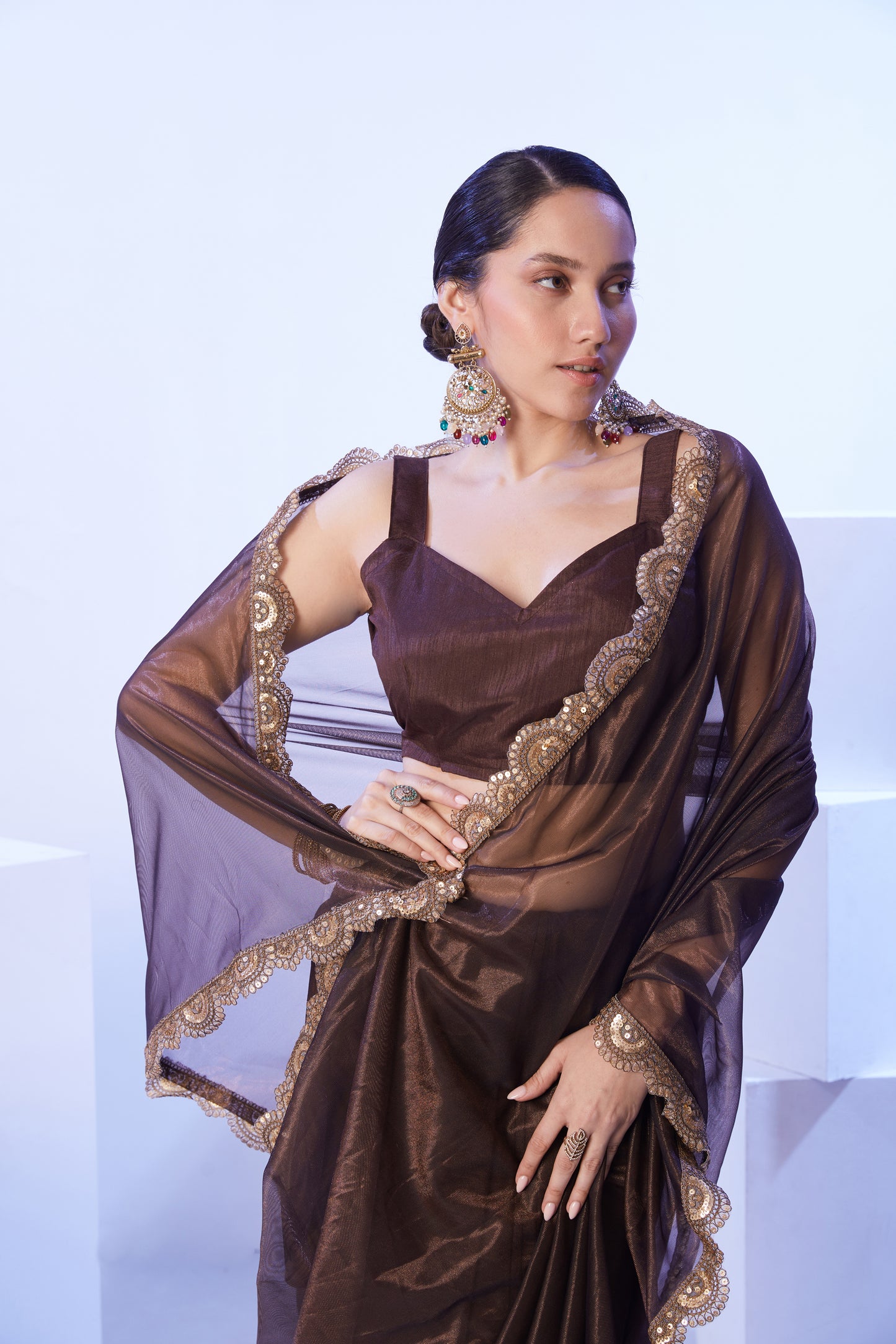 Brown Color Heavy Super Net Party Wear Saree with Designer Lace