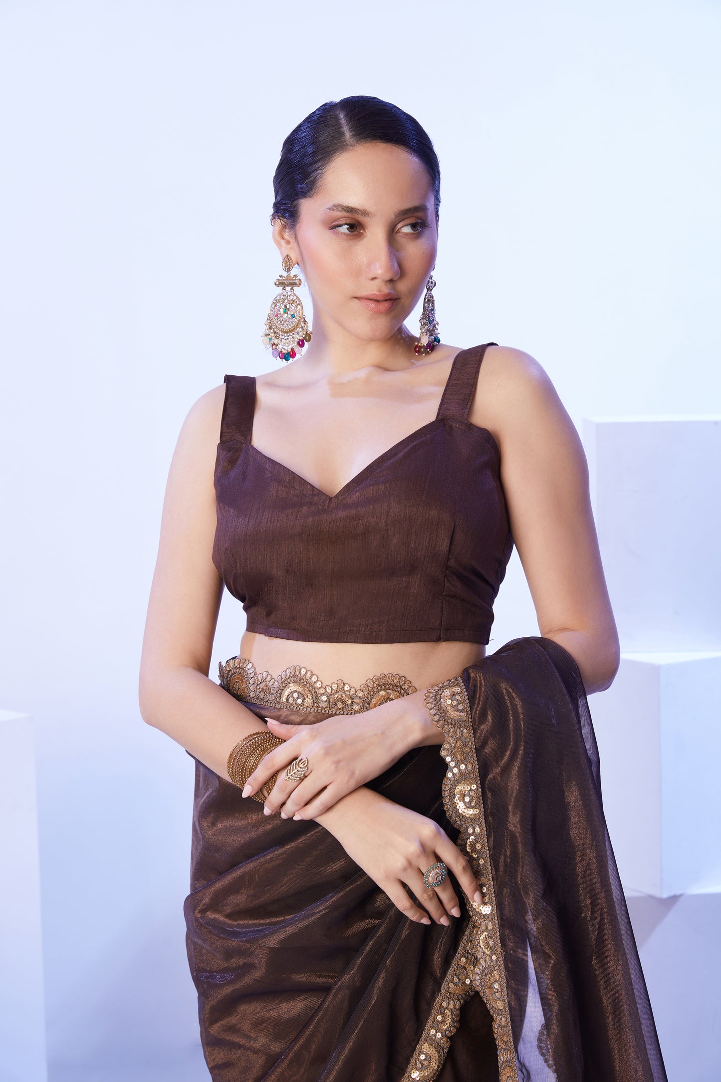 Brown Color Heavy Super Net Party Wear Saree with Designer Lace