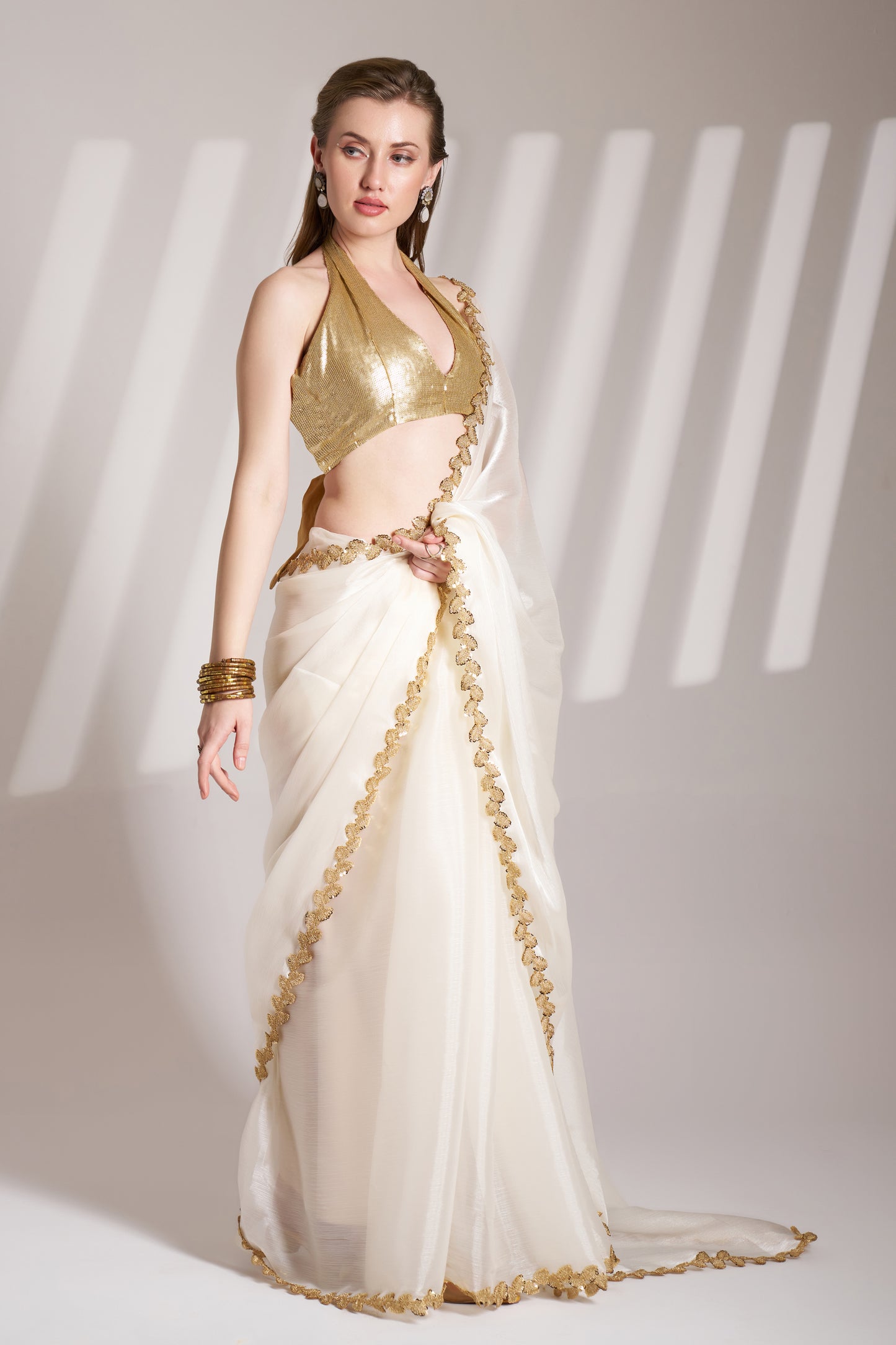 Elegant Off White Burberry Organza Saree with Designer Lace – Party Wear