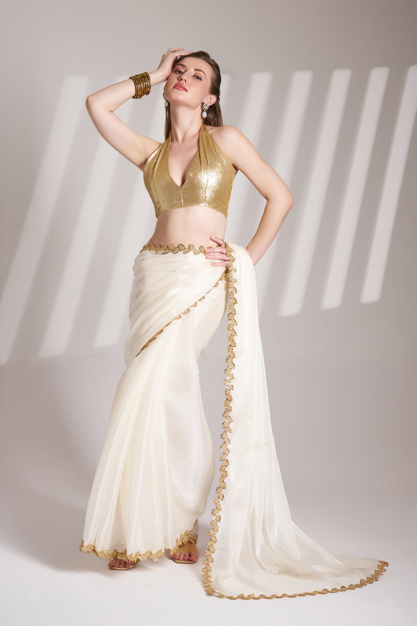 Elegant Off White Burberry Organza Saree with Designer Lace – Party Wear