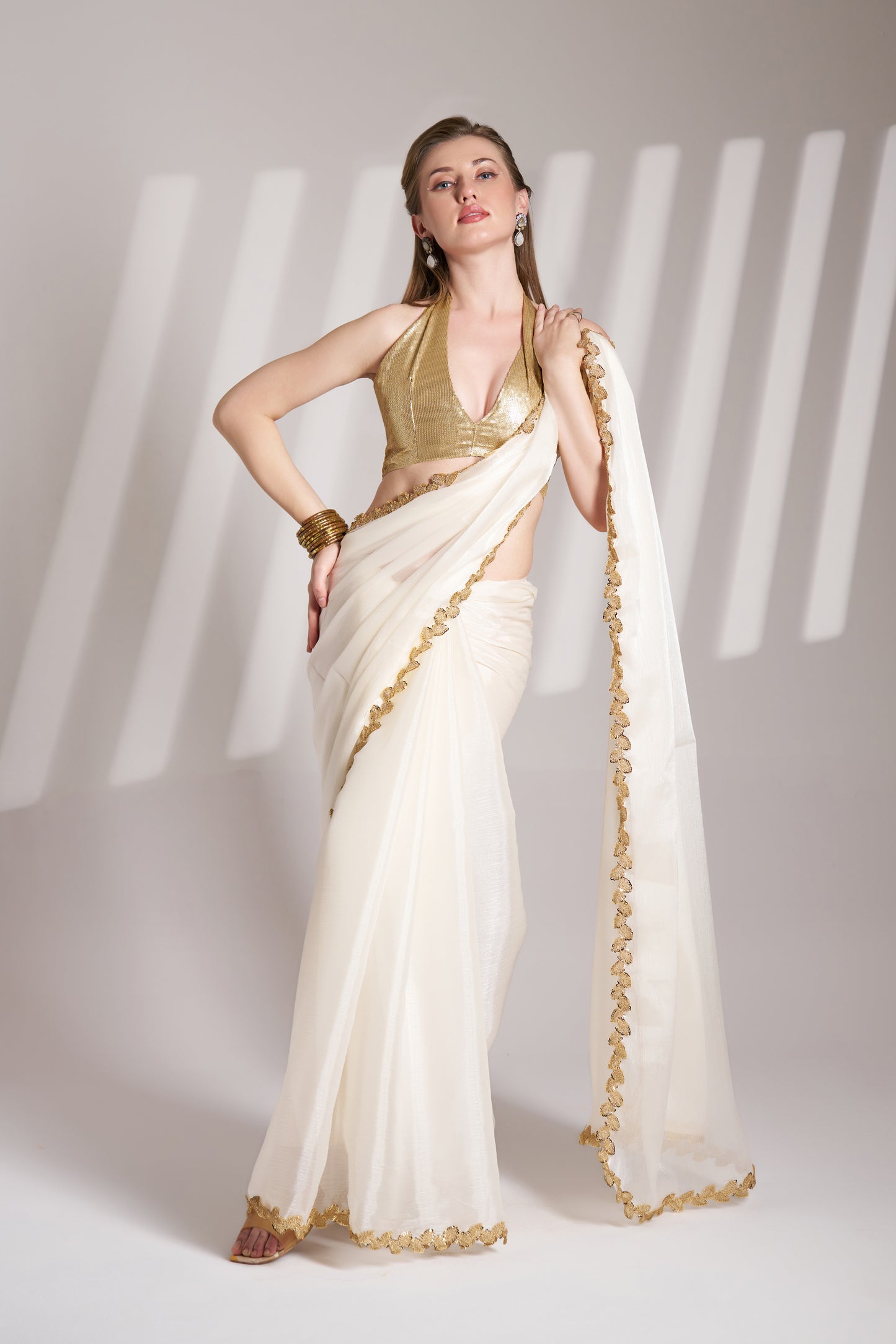 Elegant Off White Burberry Organza Saree with Designer Lace – Party Wear