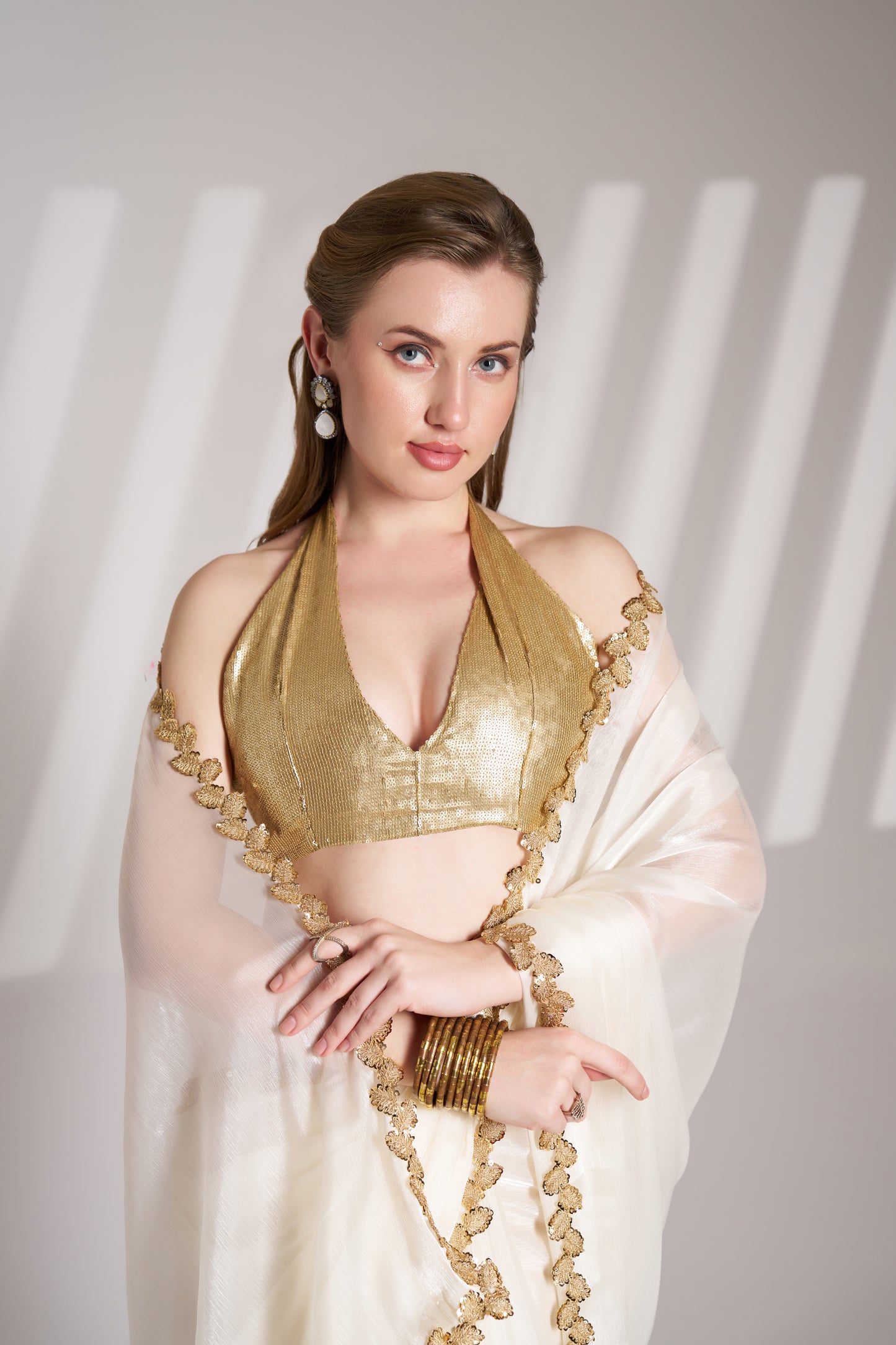 Elegant Off White Burberry Organza Saree with Designer Lace – Party Wear