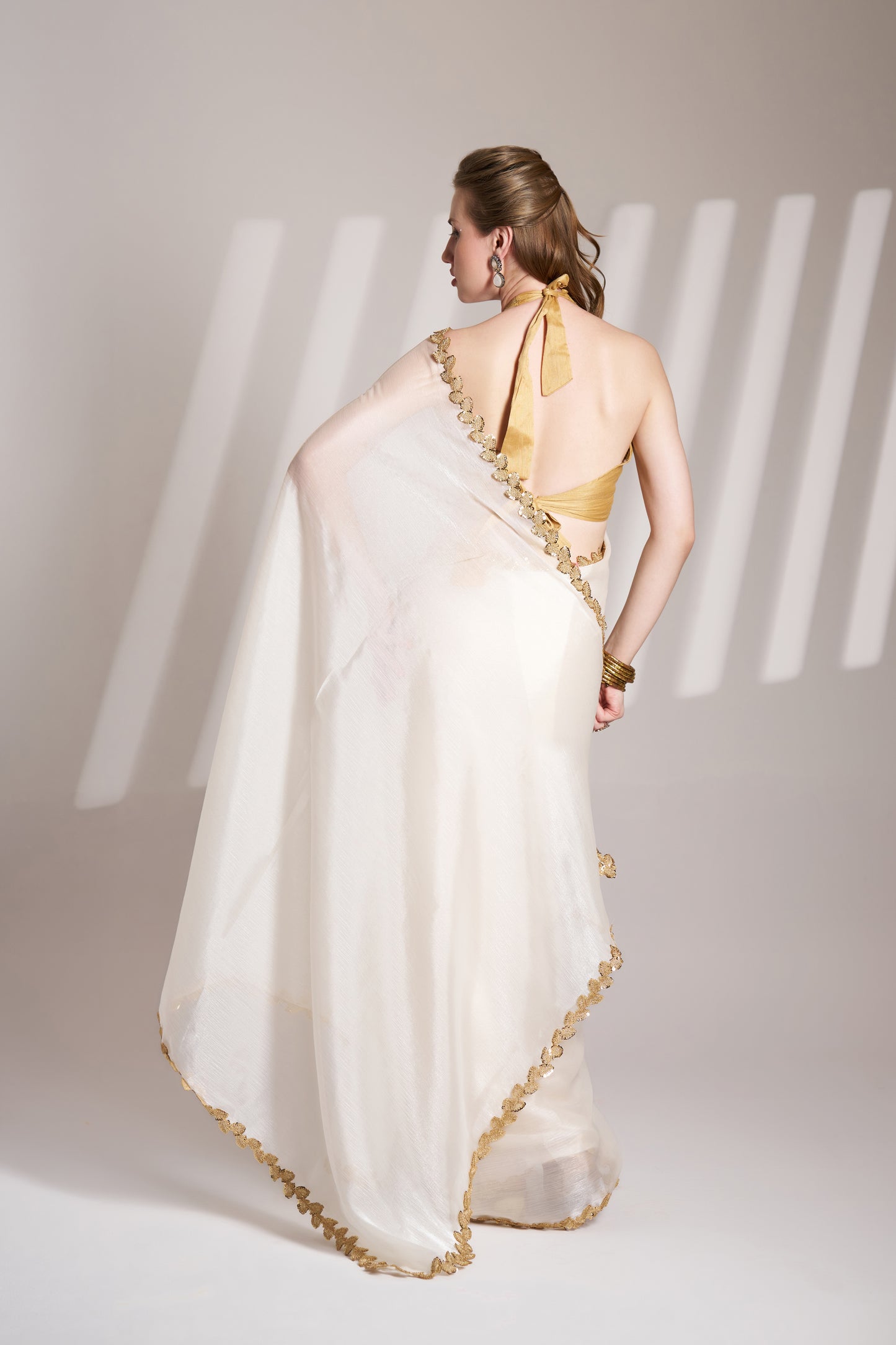 Elegant Off White Burberry Organza Saree with Designer Lace – Party Wear