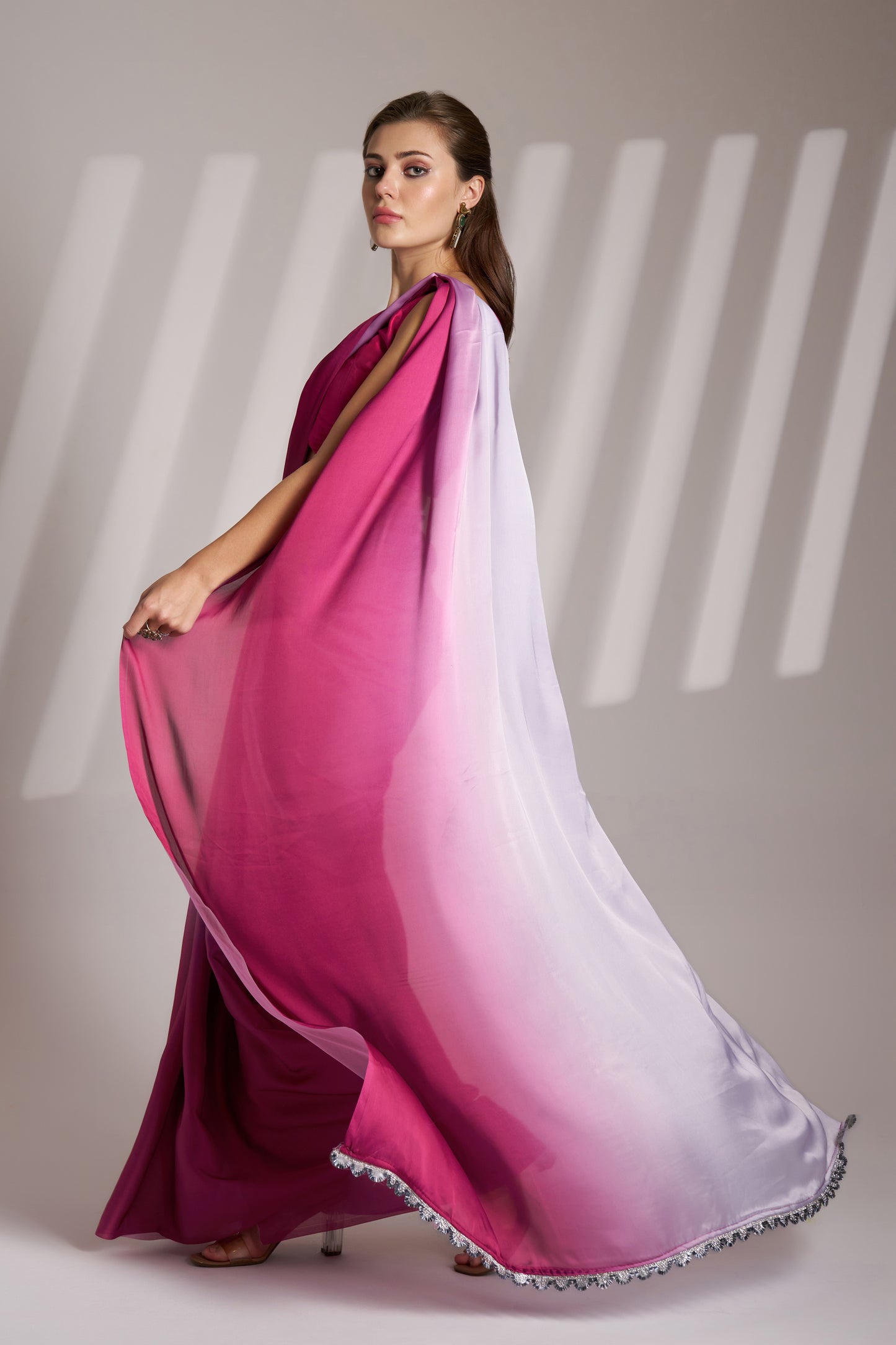 Pink and Off White Color Chinon Party Wear Saree with Fancy Lace