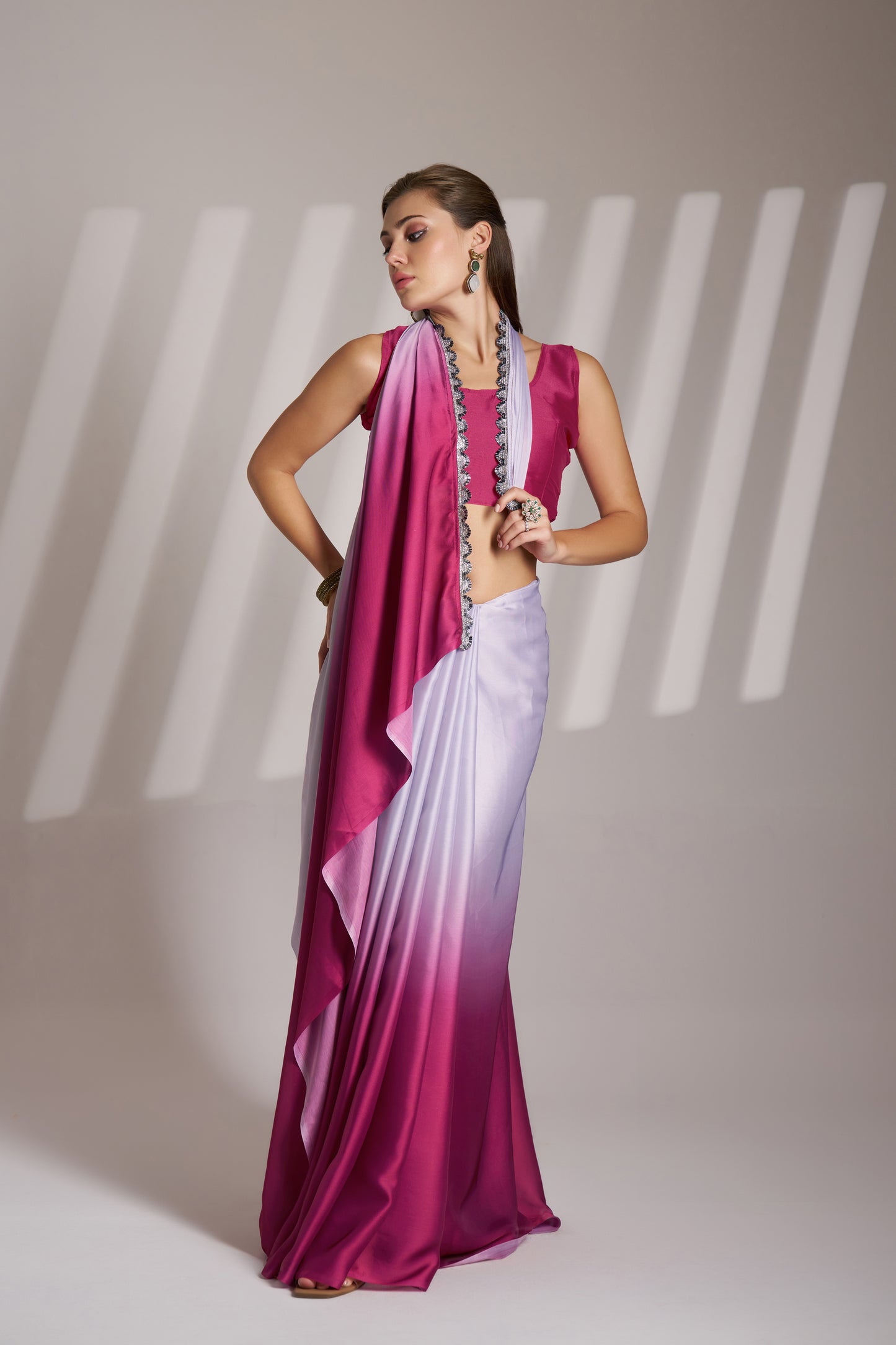 Pink and Off White Color Chinon Party Wear Saree with Fancy Lace