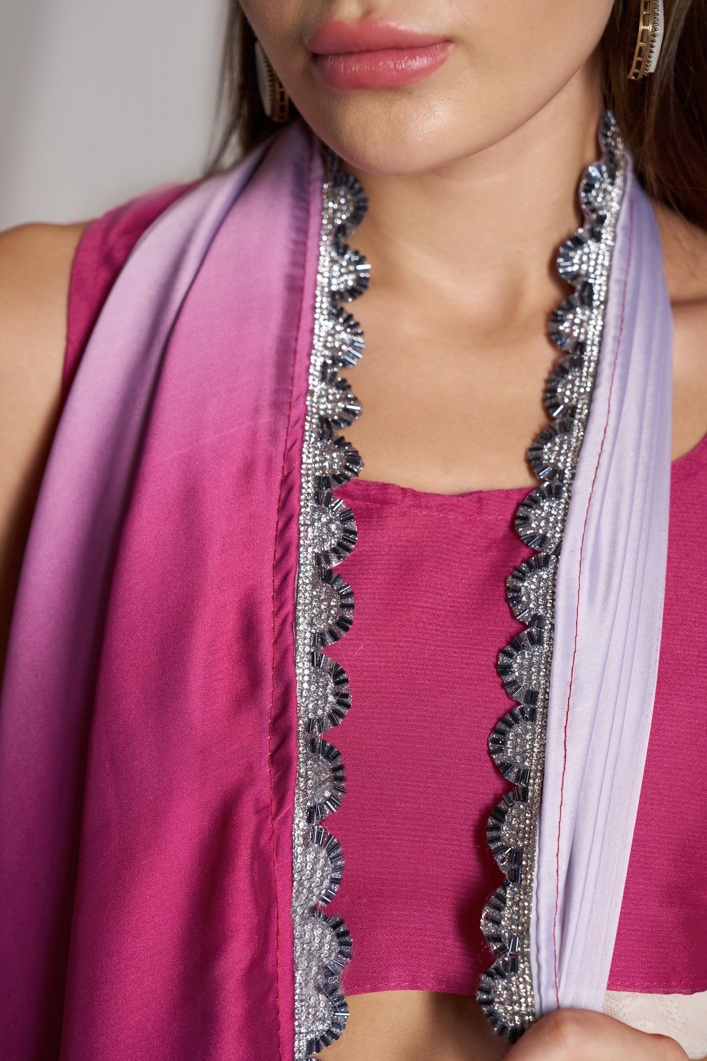 Pink and Off White Color Chinon Party Wear Saree with Fancy Lace