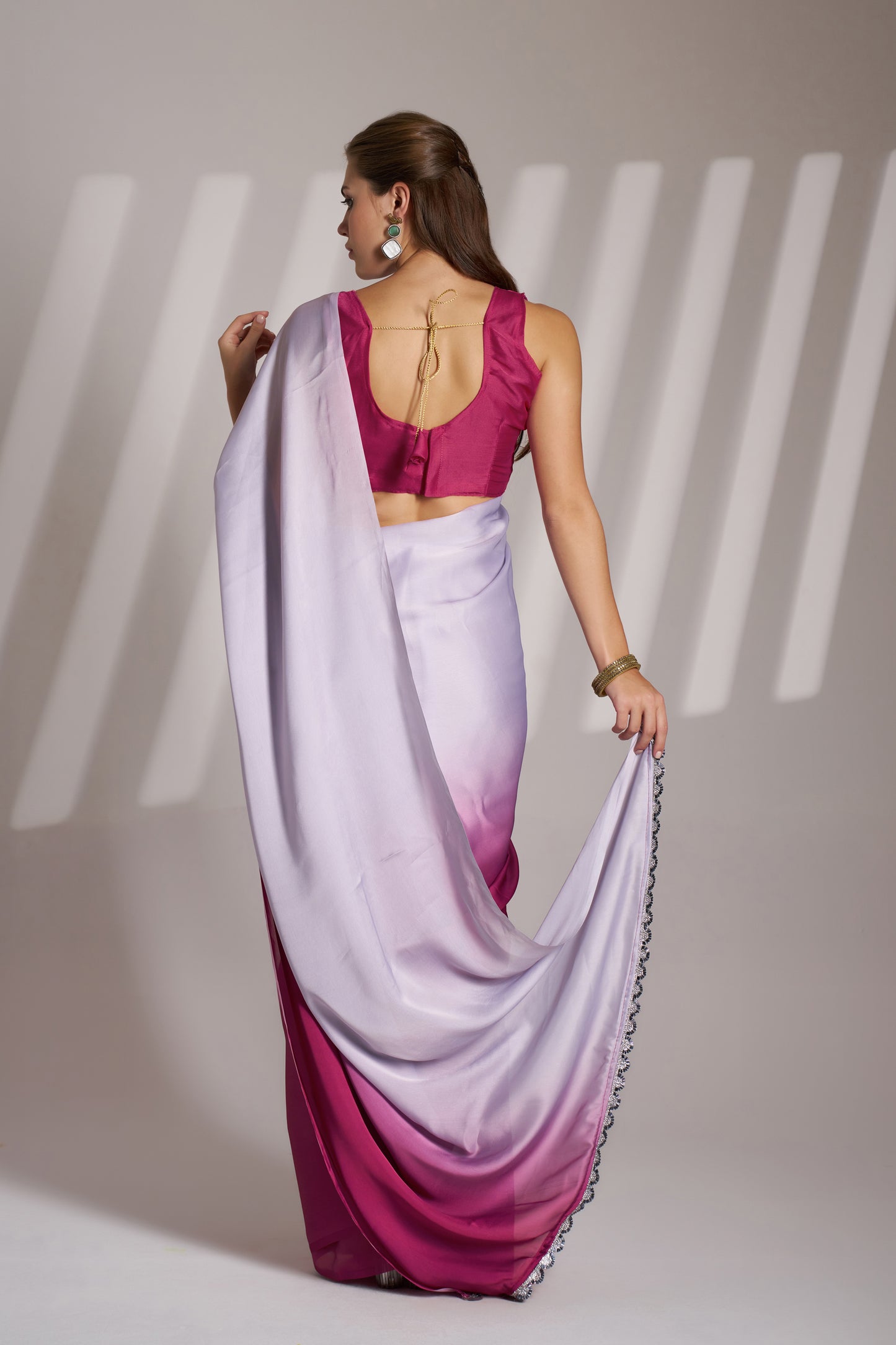 Pink and Off White Color Chinon Party Wear Saree with Fancy Lace