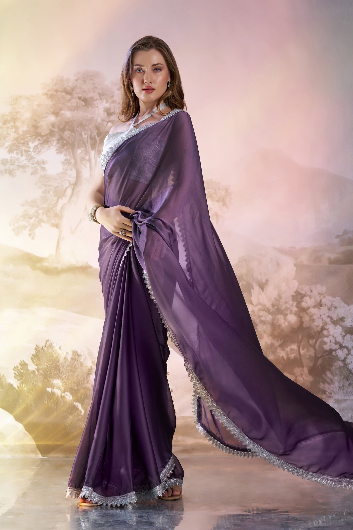 Stunning Plum Purple Satin Rangoli Saree for Special Occasions with Designer Lace