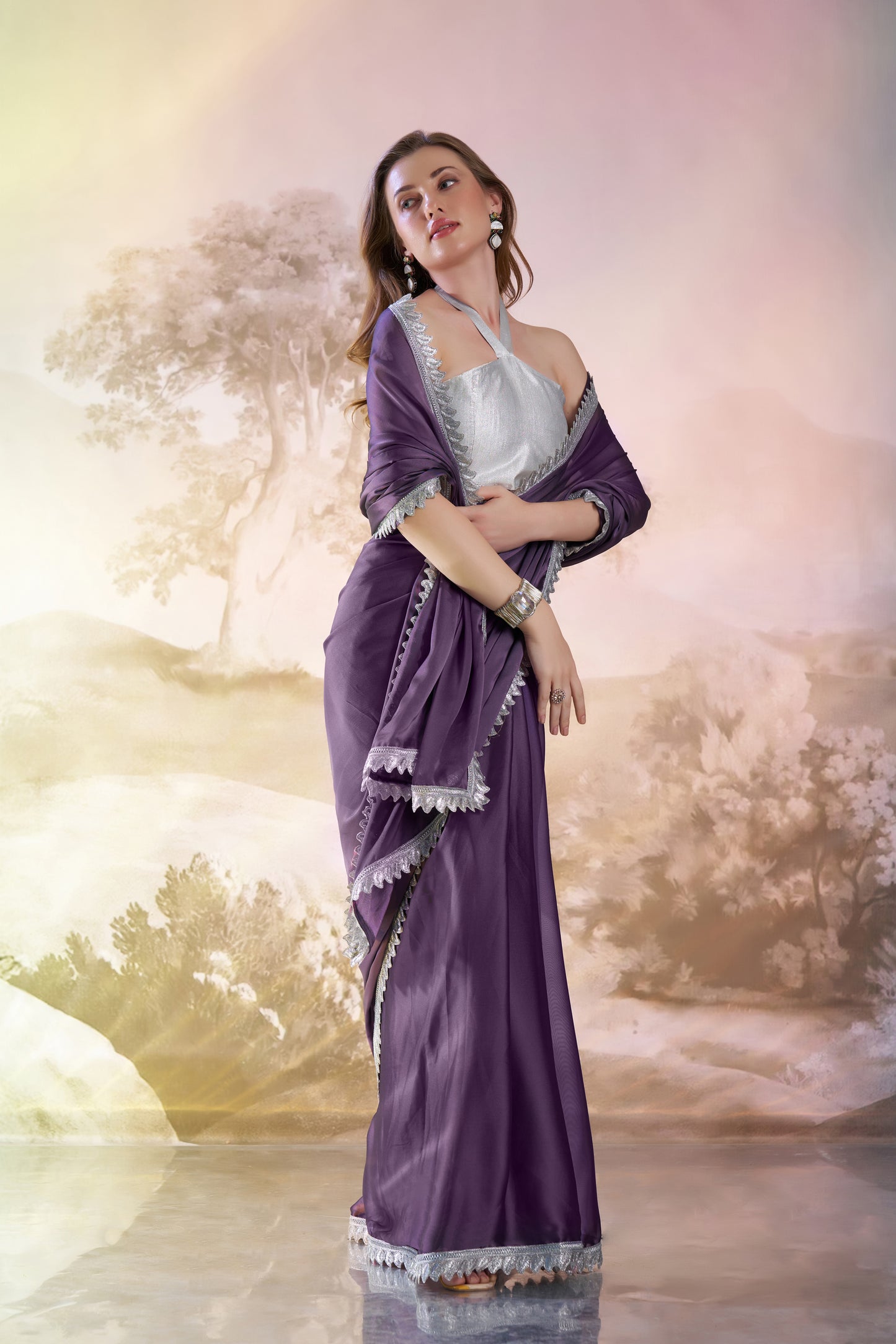 Stunning Plum Purple Satin Rangoli Saree for Special Occasions with Designer Lace