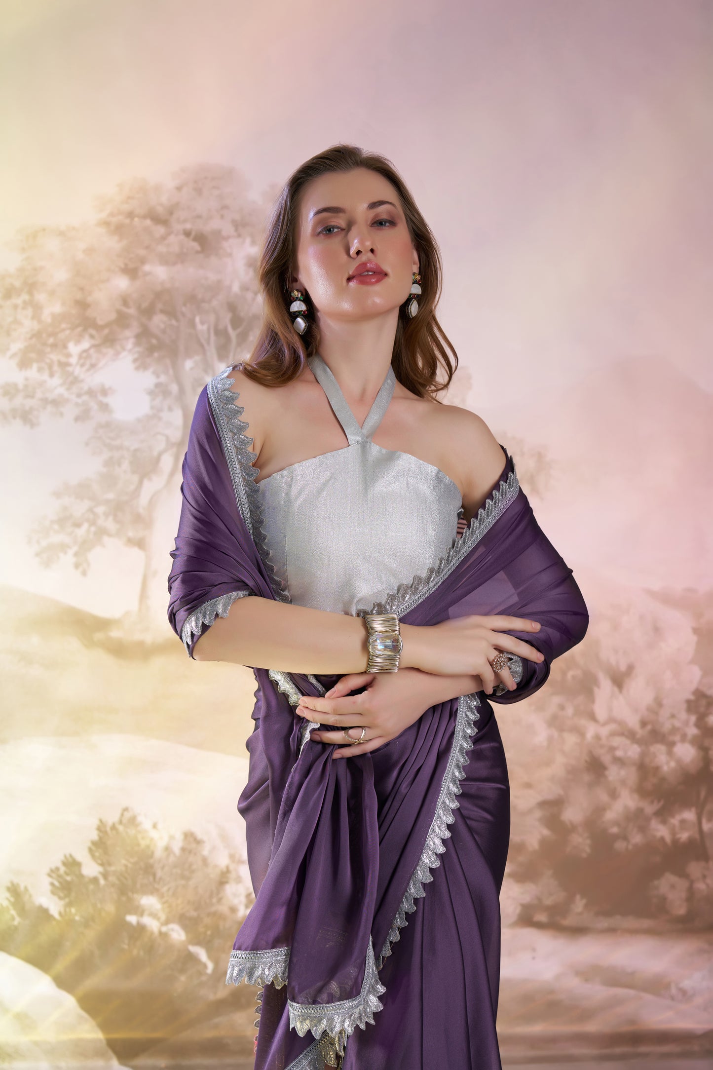 Stunning Plum Purple Satin Rangoli Saree for Special Occasions with Designer Lace