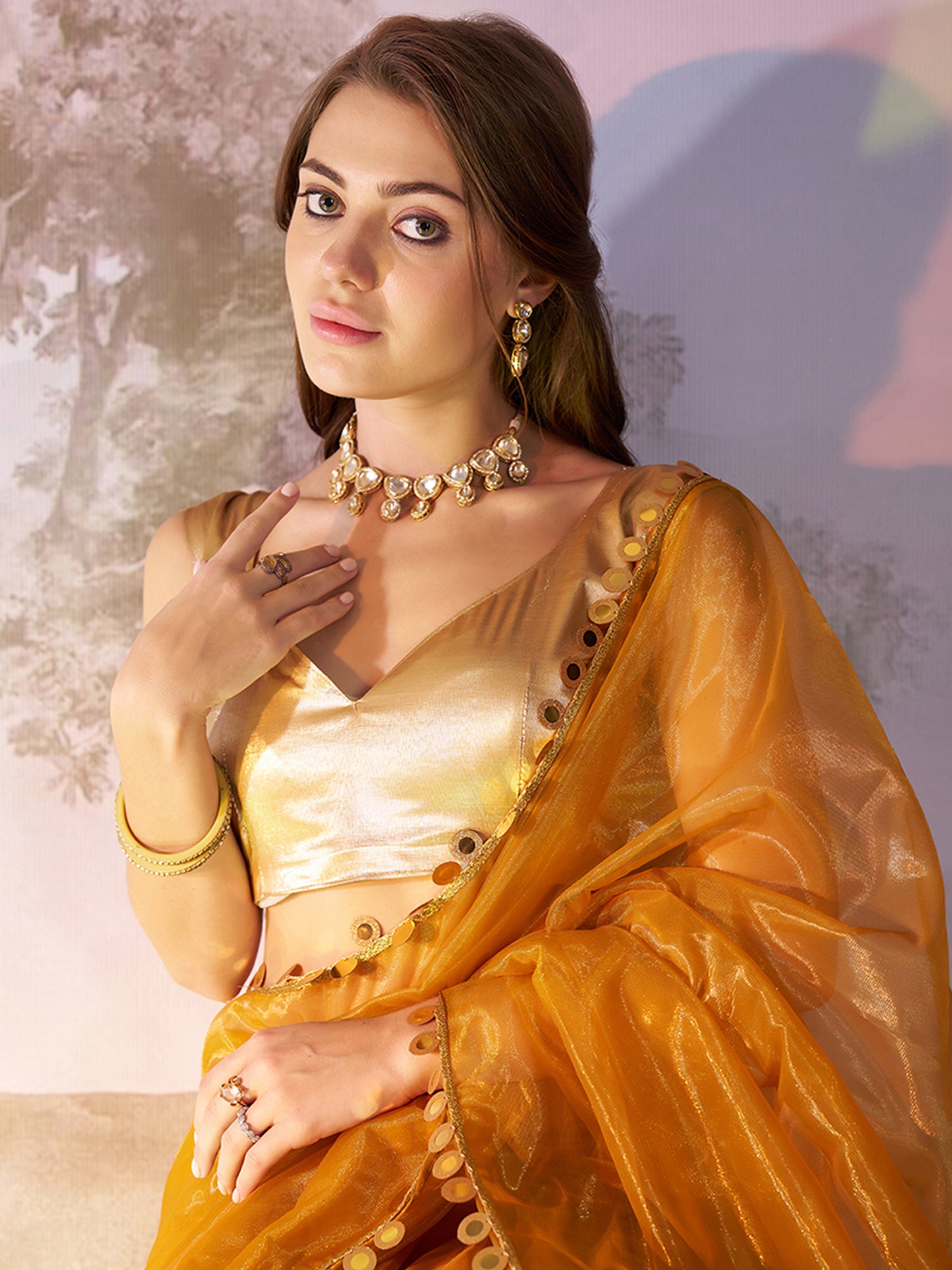 Mustard Color twill net saree with designer lace and unstitched blouse