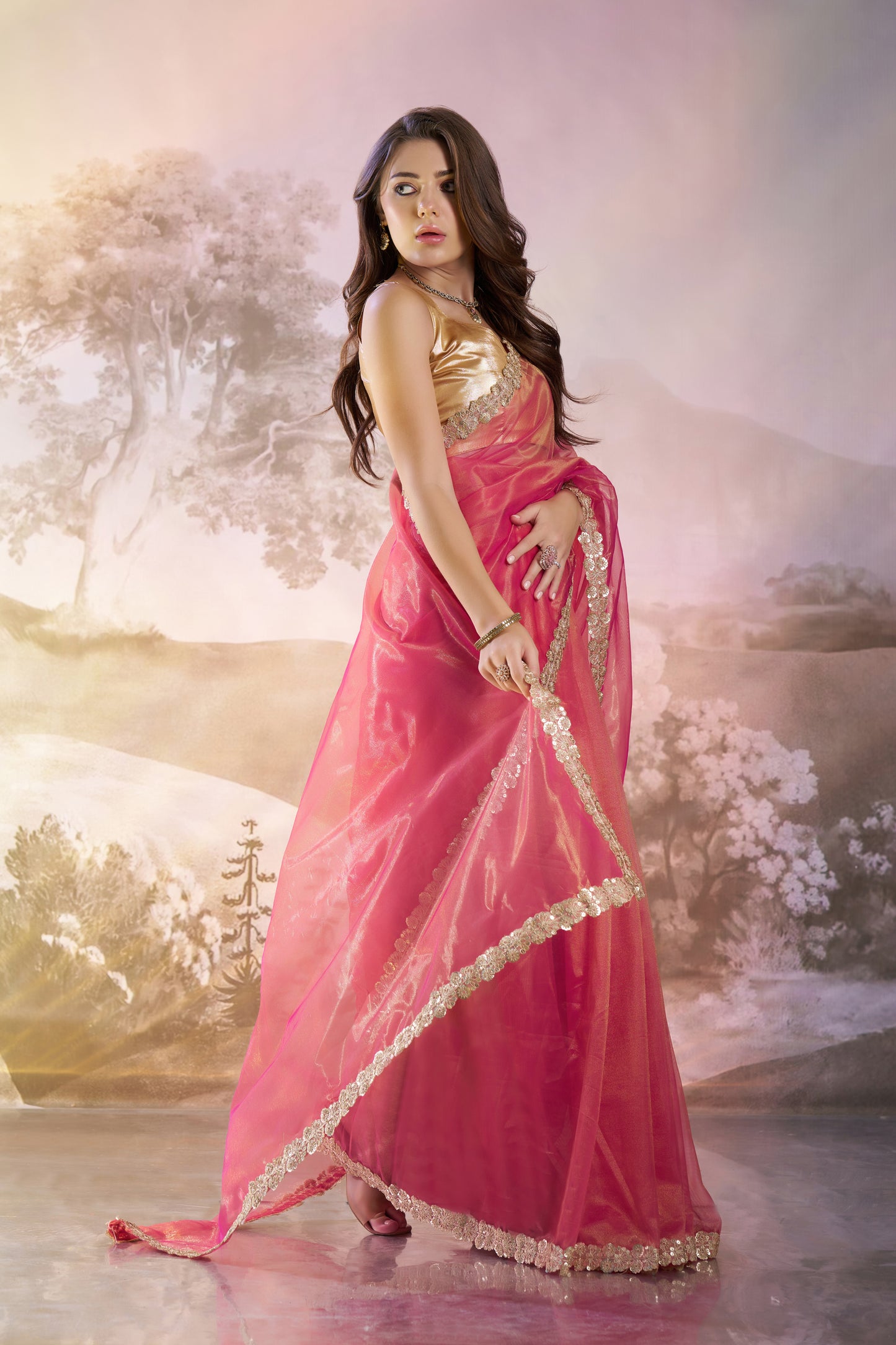 Red Color Twill Net with Designer Lace Party Wear Saree
